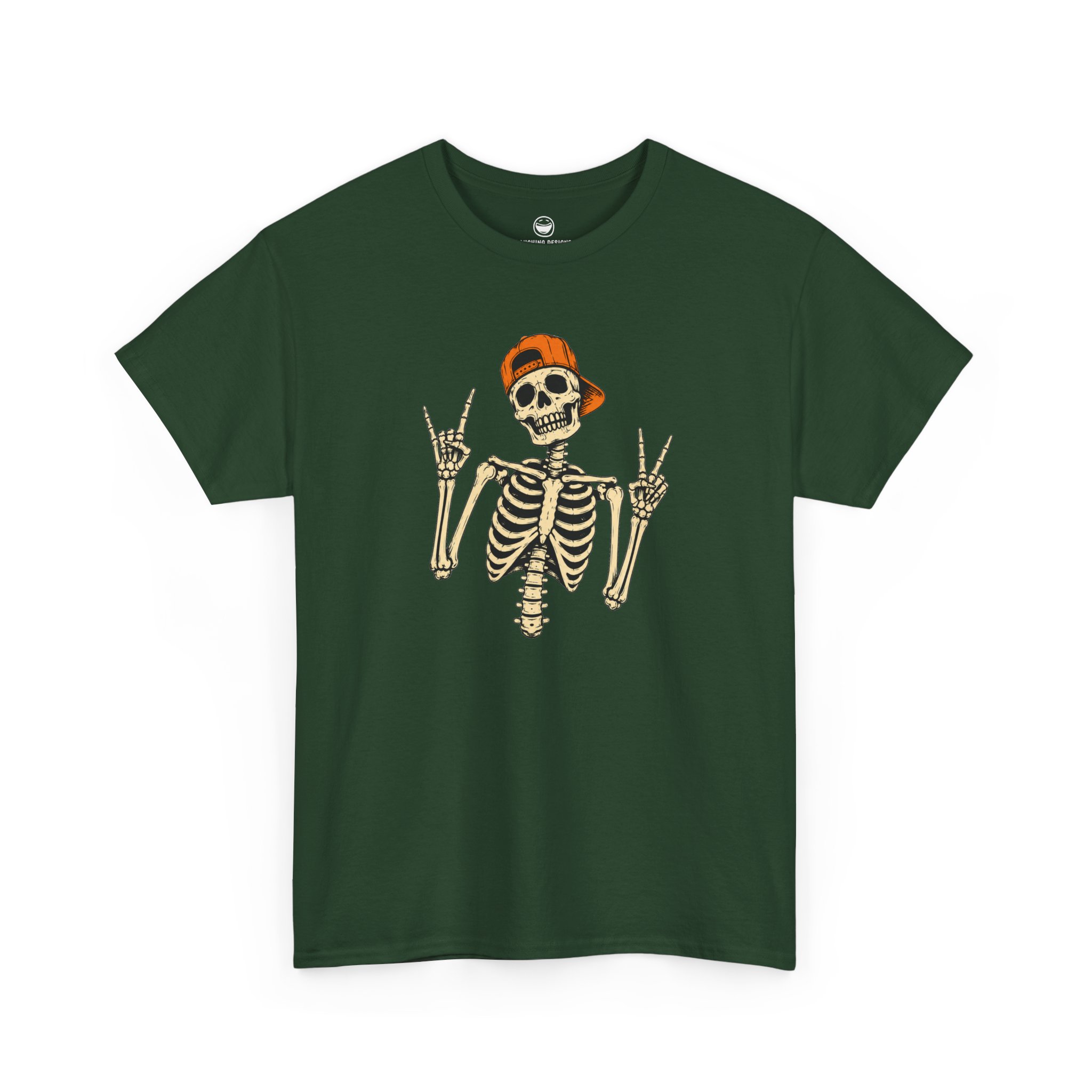 Skeleton Rocker T-Shirt with backwards hat skeleton flashing rock horns and peace sign on a Forest Green cotton shirt.