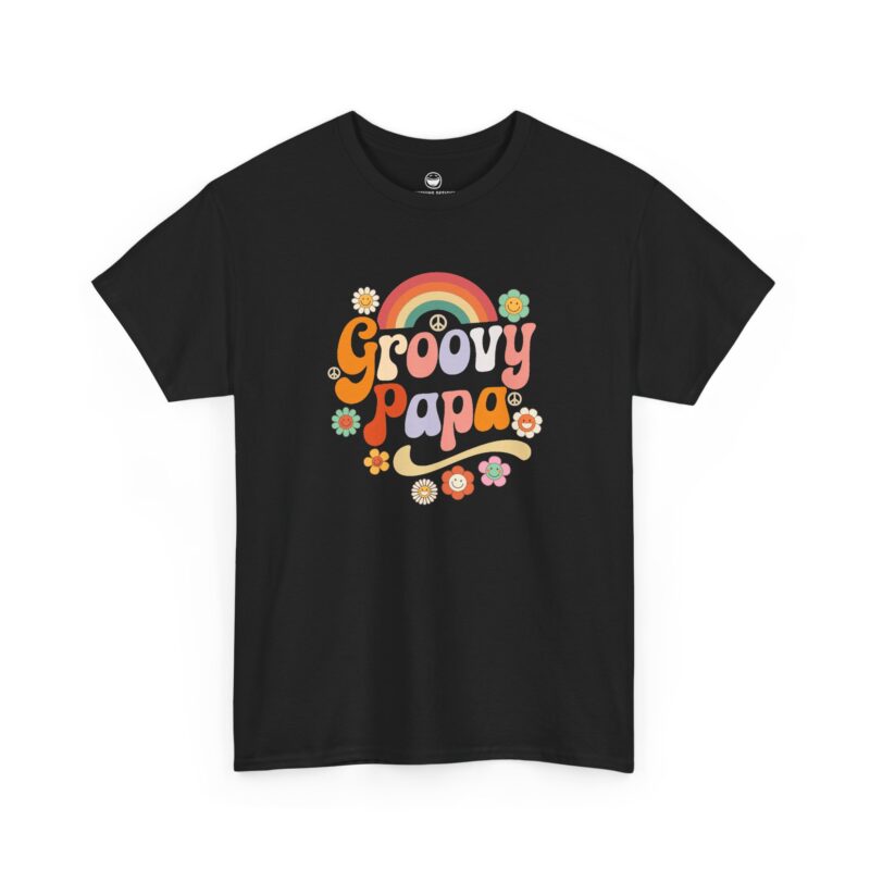 Groovy Papa T-Shirt with retro rainbow, smiling daisies, and quote Groovy Papa on a Black cotton shirt.