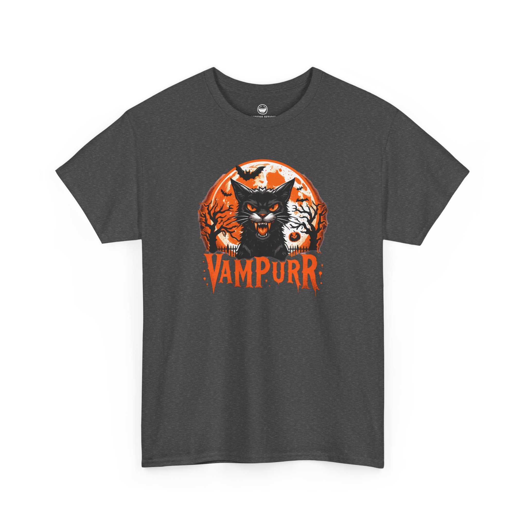 Vampurr T-Shirt with hissing vampire black cat and quote Vampurr on a Dark Heather cotton shirt.