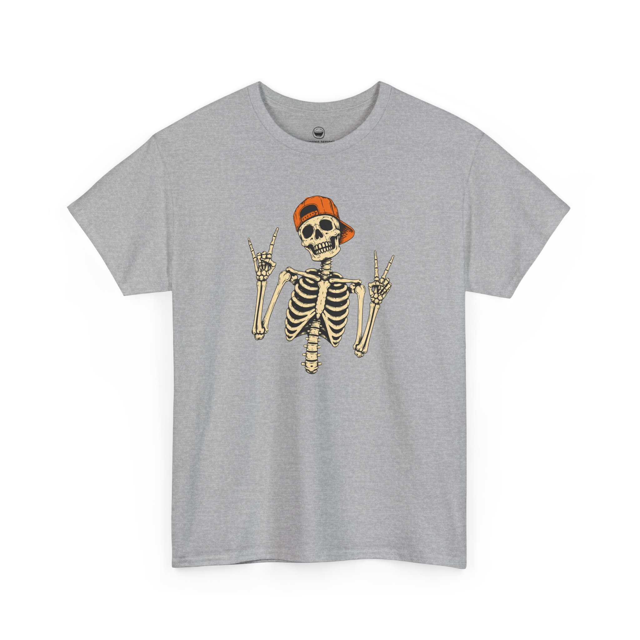 Skeleton Rocker T-Shirt with backwards hat skeleton flashing rock horns and peace sign on a Sport Gray cotton shirt.