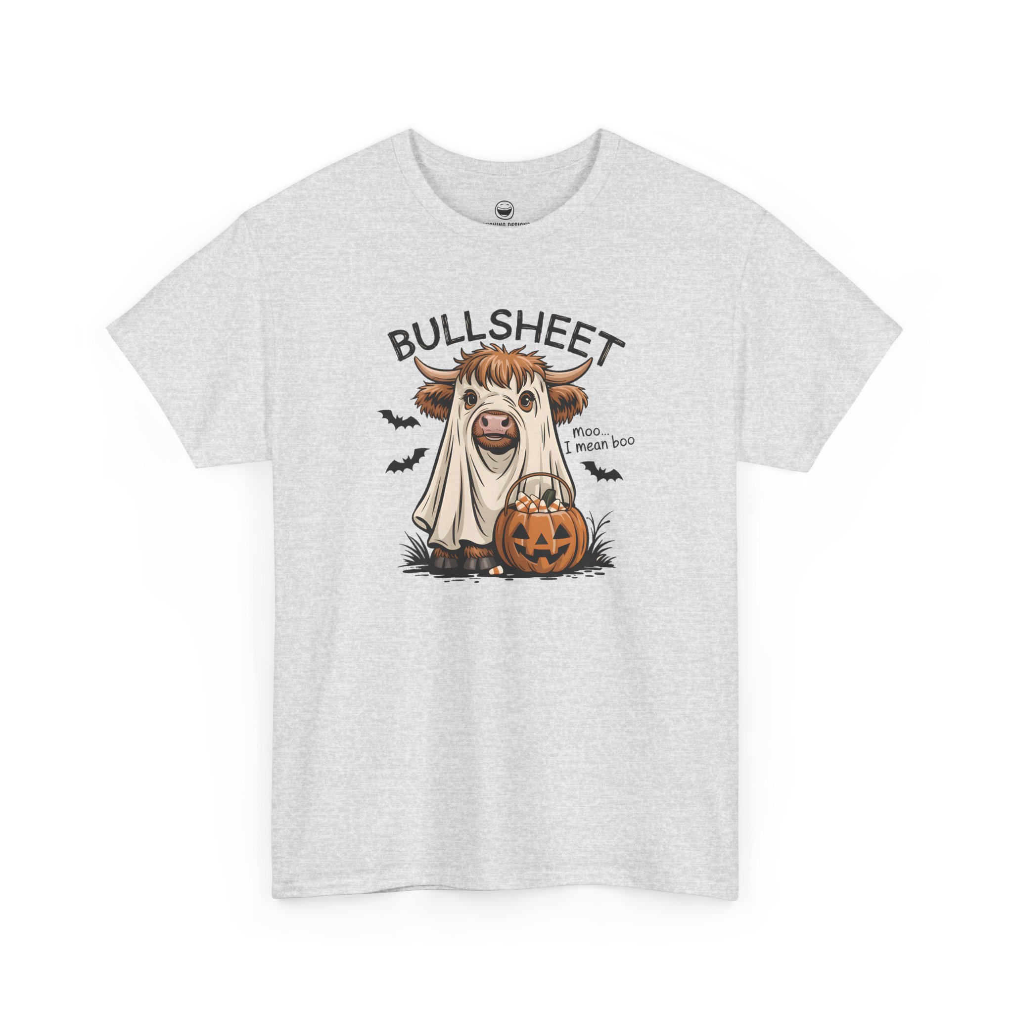 Bullsheet Halloween T-Shirt with ghost sheet Highland cow and quote Bullsheet moo I mean boo on a Ash Gray cotton shirt.