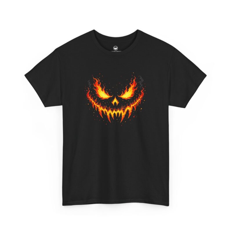 Pumpkin Face T-Shirt with flaming jack-o'-lantern eyes and fanged fire smile on a Black cotton shirt.