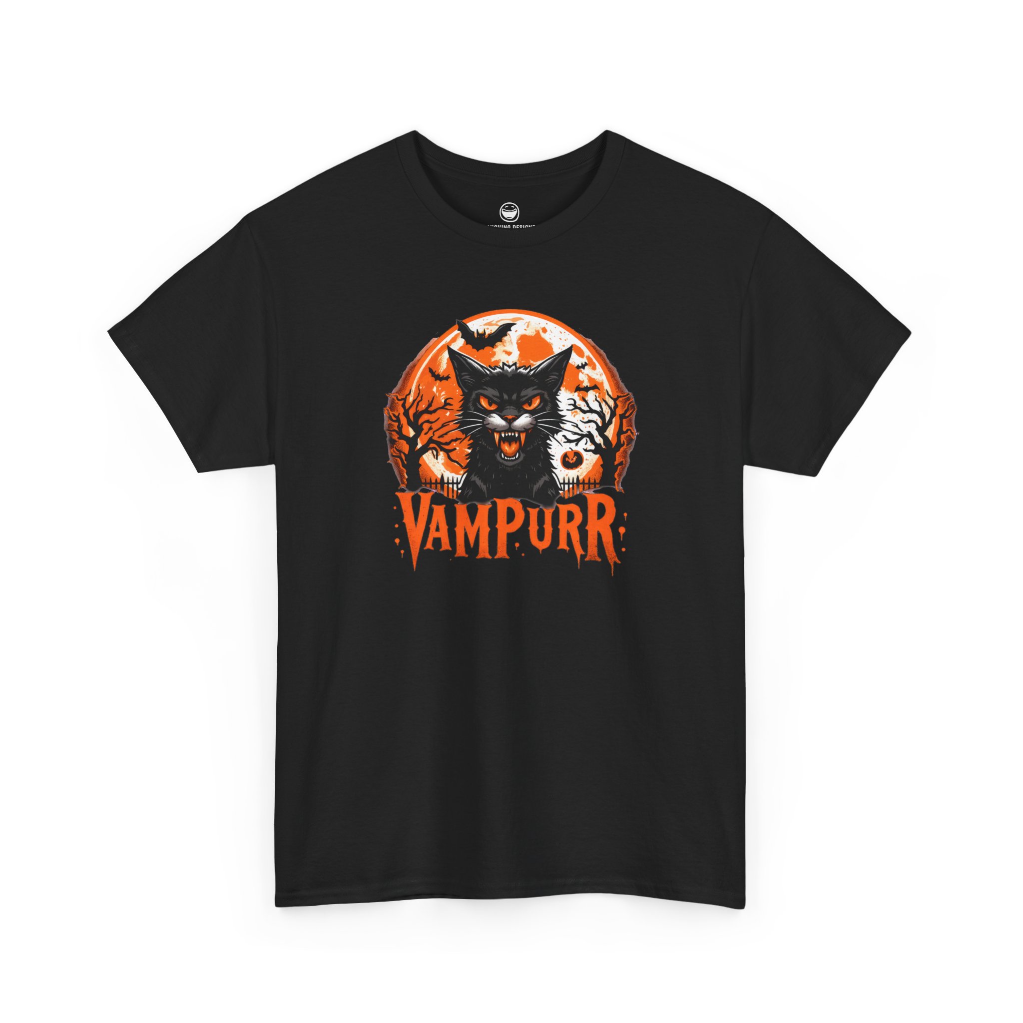 Vampurr T-Shirt with hissing vampire black cat and quote Vampurr on a Black cotton shirt.