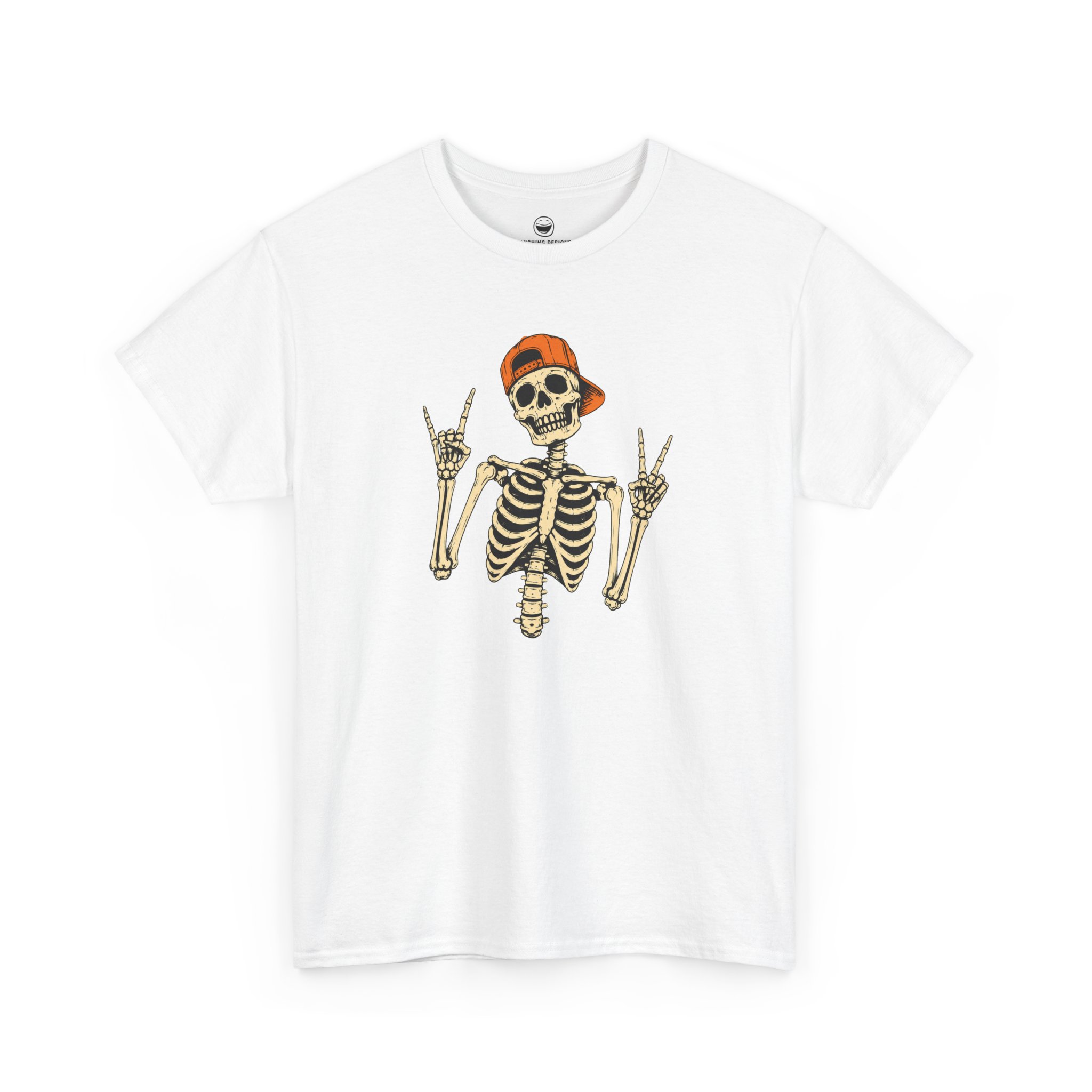 Skeleton Rocker T-Shirt with backwards hat skeleton flashing rock horns and peace sign on a White cotton shirt.