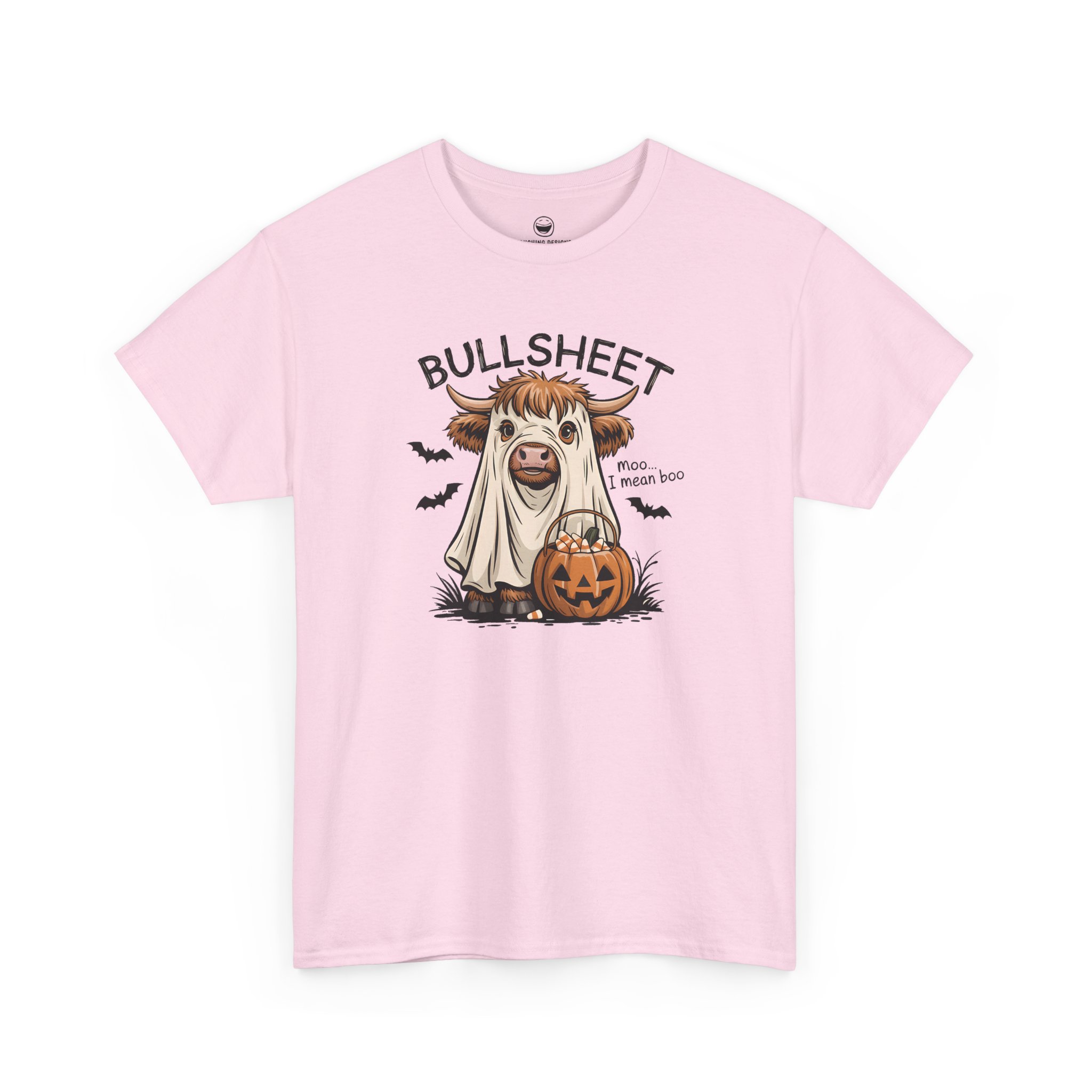 Bullsheet Halloween T-Shirt with ghost sheet Highland cow and quote Bullsheet moo I mean boo on a Light Pink cotton shirt.