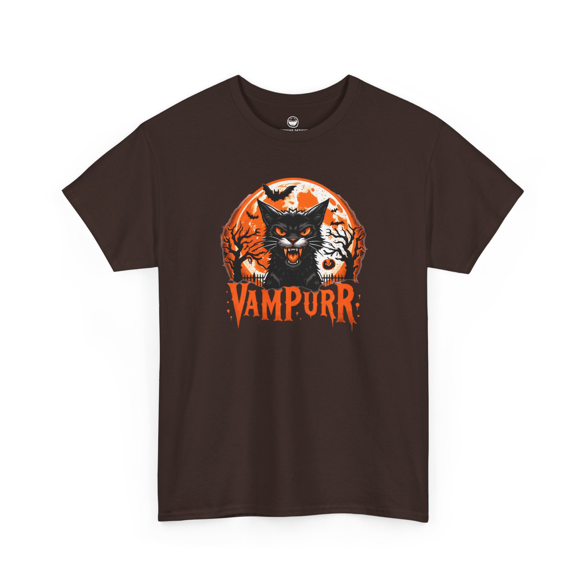 Vampurr T-Shirt with hissing vampire black cat and quote Vampurr on a Dark Chocolate Brown cotton shirt.