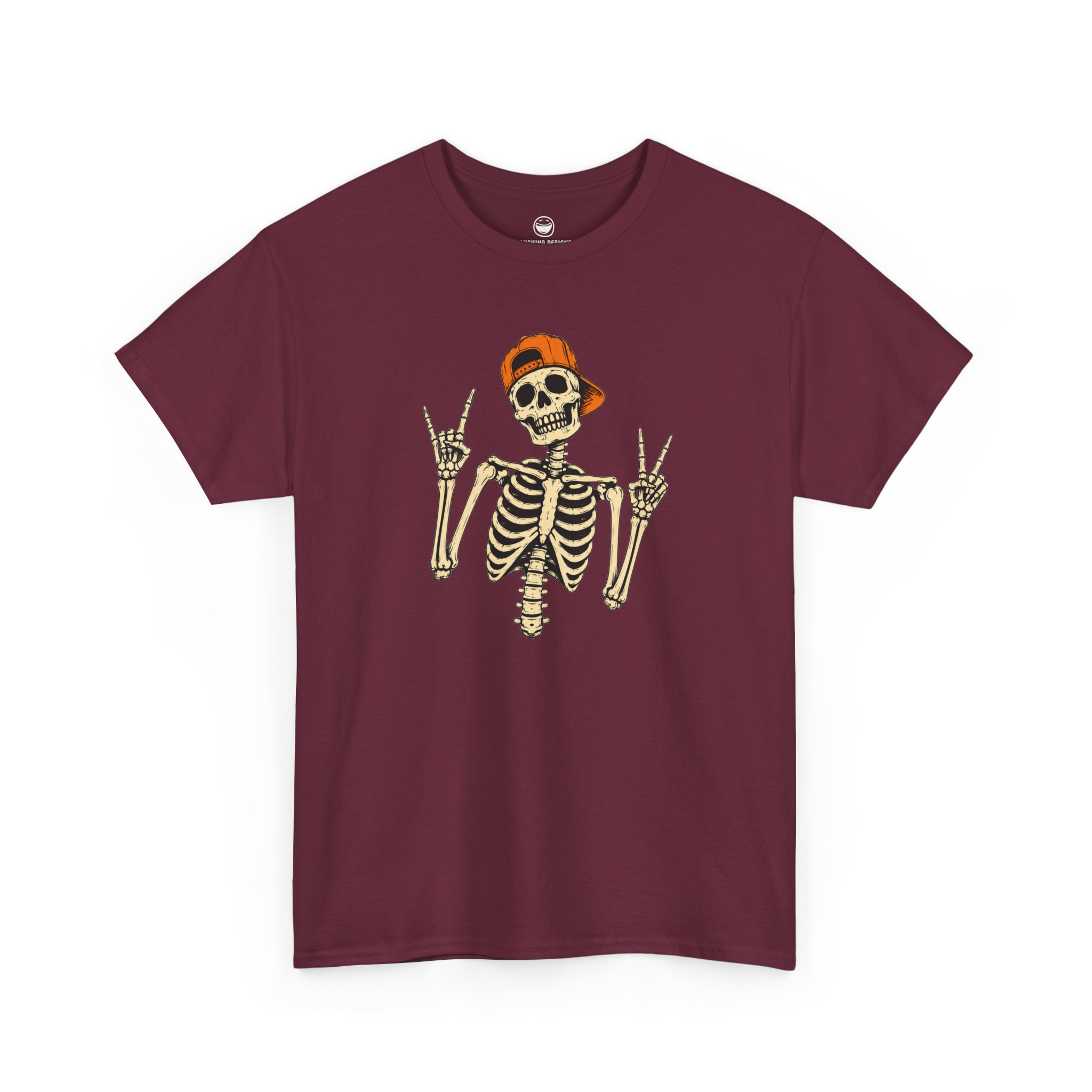 Skeleton Rocker T-Shirt with backwards hat skeleton flashing rock horns and peace sign on a Maroon cotton shirt.