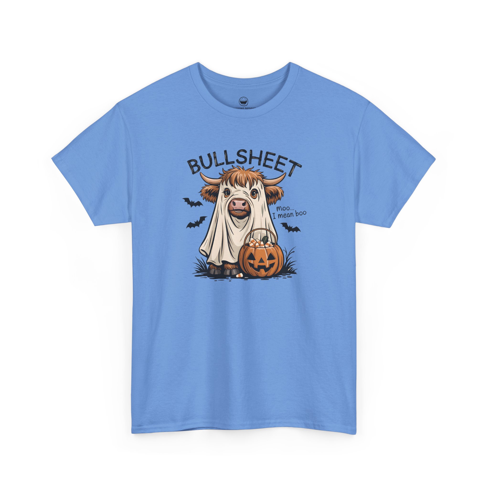 Bullsheet Halloween T-Shirt with ghost sheet Highland cow and quote Bullsheet moo I mean boo on a Carolina Blue cotton shirt.