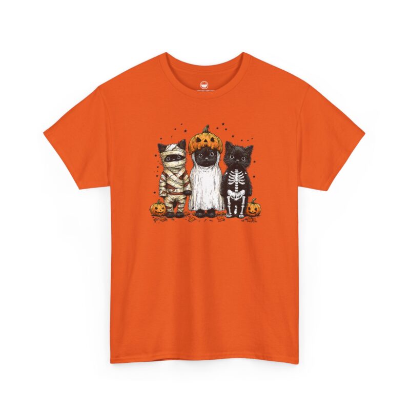 Funny Halloween Cats T-Shirt with black cats in mummy ghost and skeleton costumes on a Orange cotton shirt.