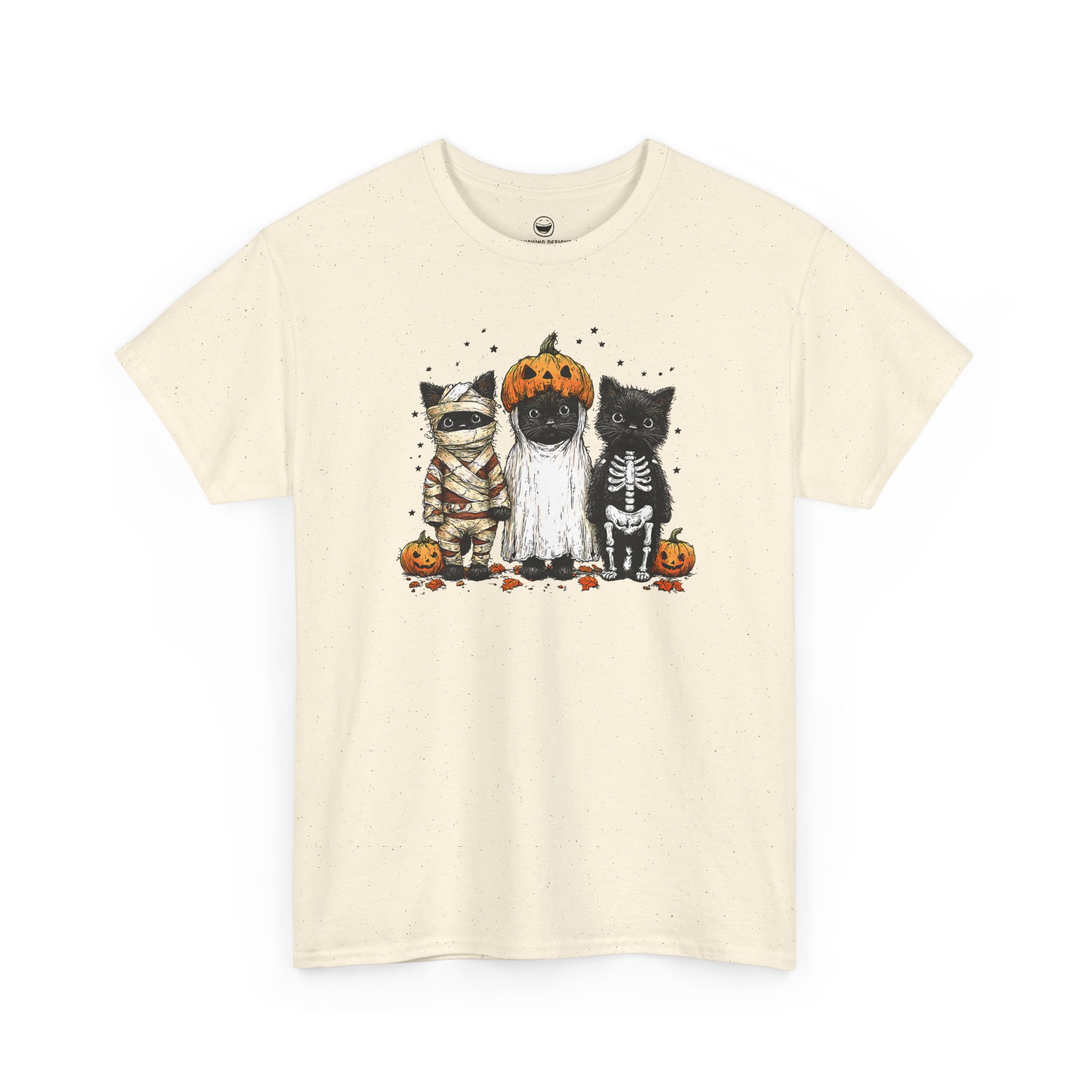 Funny Halloween Cats T-Shirt with black cats in mummy ghost and skeleton costumes on a Natural Cream color cotton shirt.