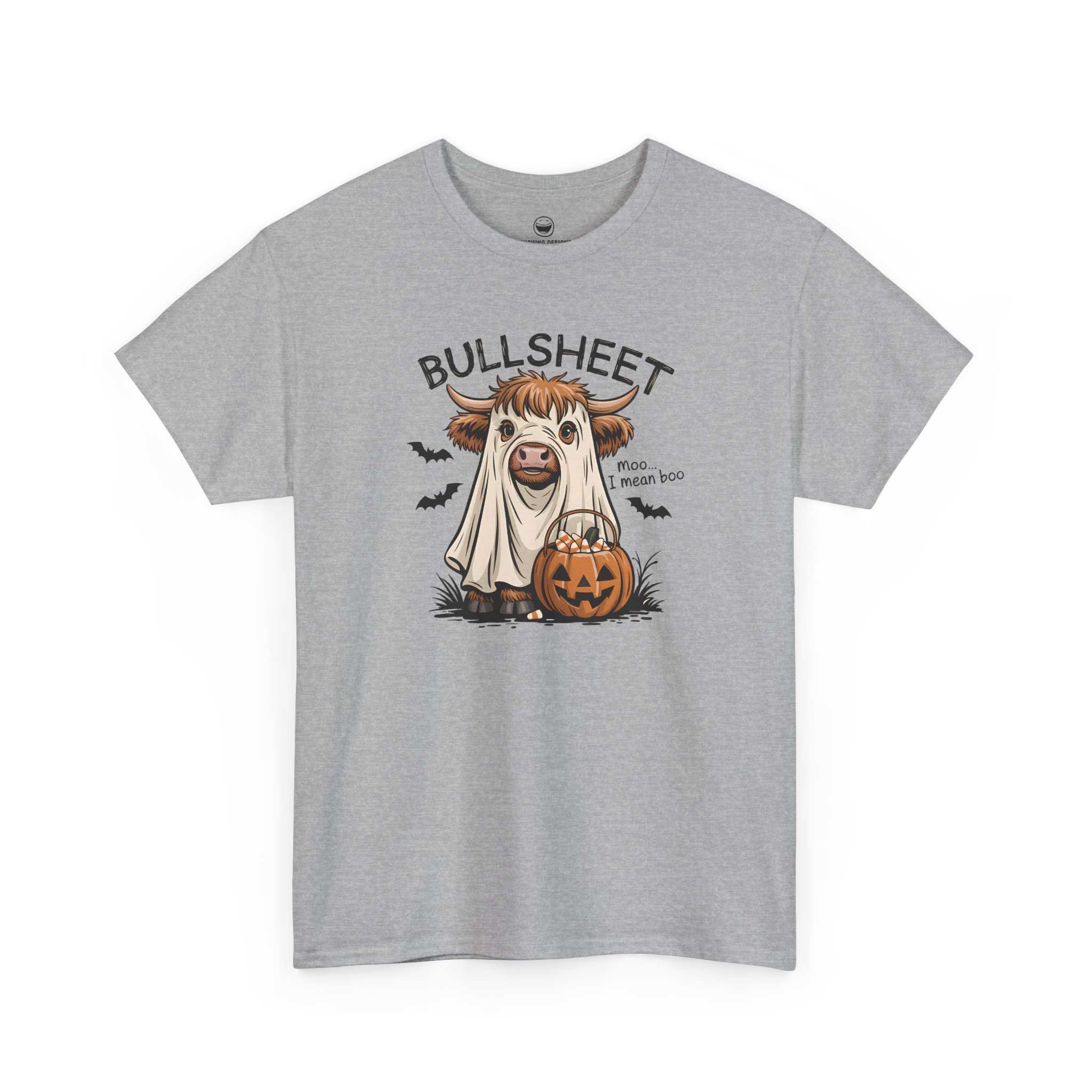 Bullsheet Halloween T-Shirt with ghost sheet Highland cow and quote Bullsheet moo I mean boo on a Sport Gray color cotton shirt.