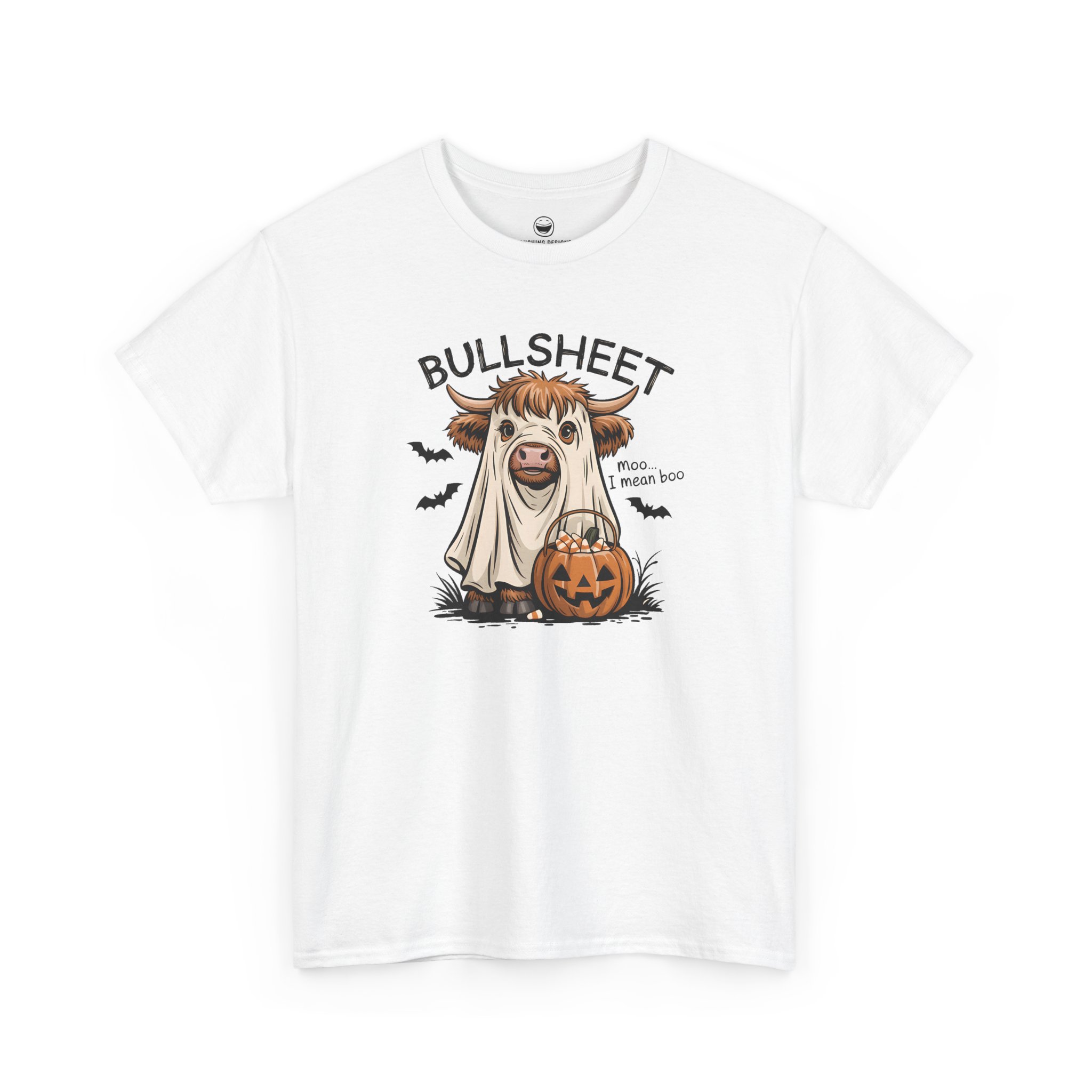 Bullsheet Halloween T-Shirt with ghost sheet Highland cow and quote Bullsheet moo I mean boo on a White color cotton shirt.