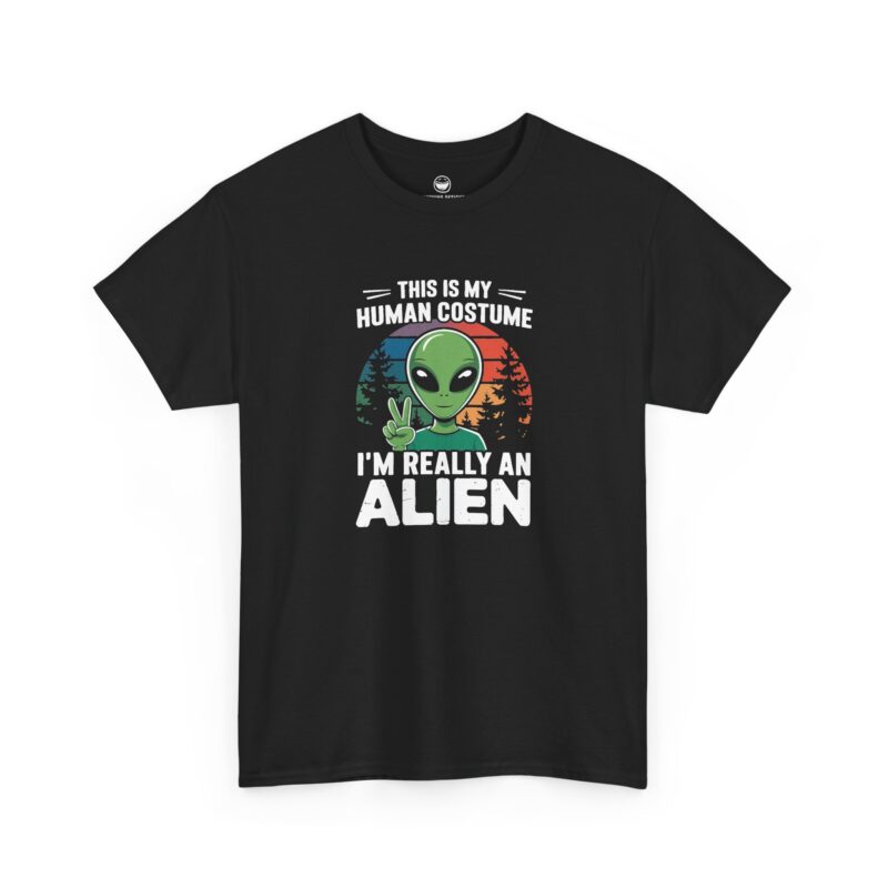 This Is My Human Costume T-Shirt with retro sunset alien and quote This Is My Human Costume I'm Really An Alien on a Black cotton shirt.