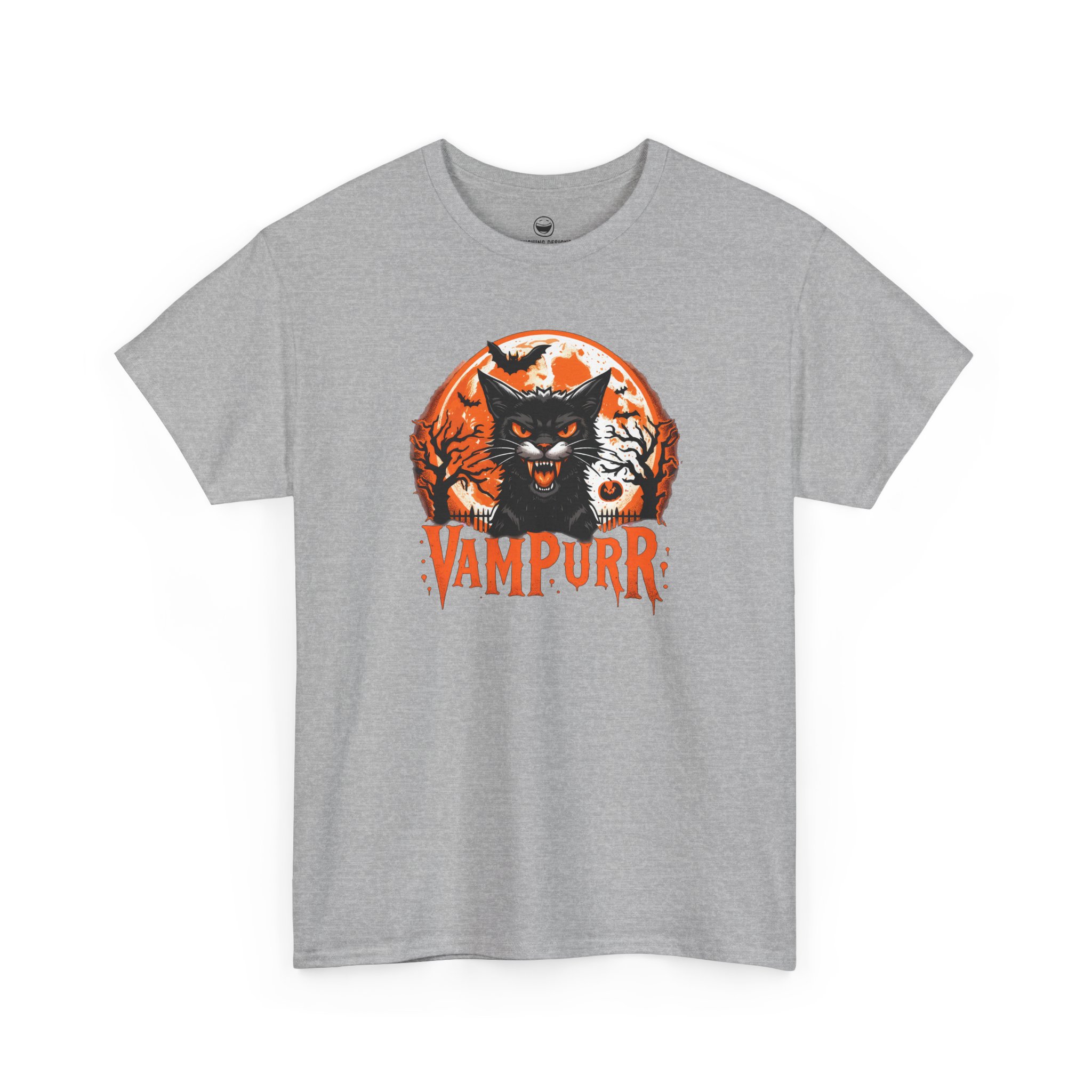 Vampurr T-Shirt with hissing vampire black cat and quote Vampurr on a Sport Gray cotton shirt.
