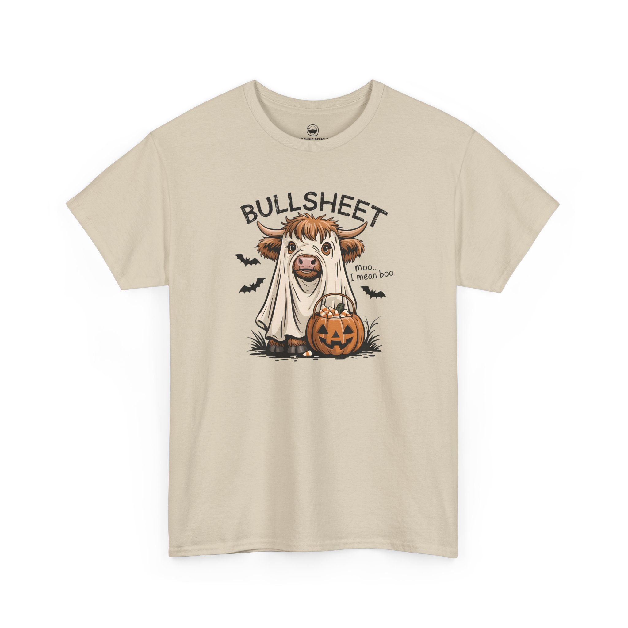 Bullsheet Halloween T-Shirt with ghost sheet Highland cow and quote Bullsheet moo I mean boo on a Sand color cotton shirt.
