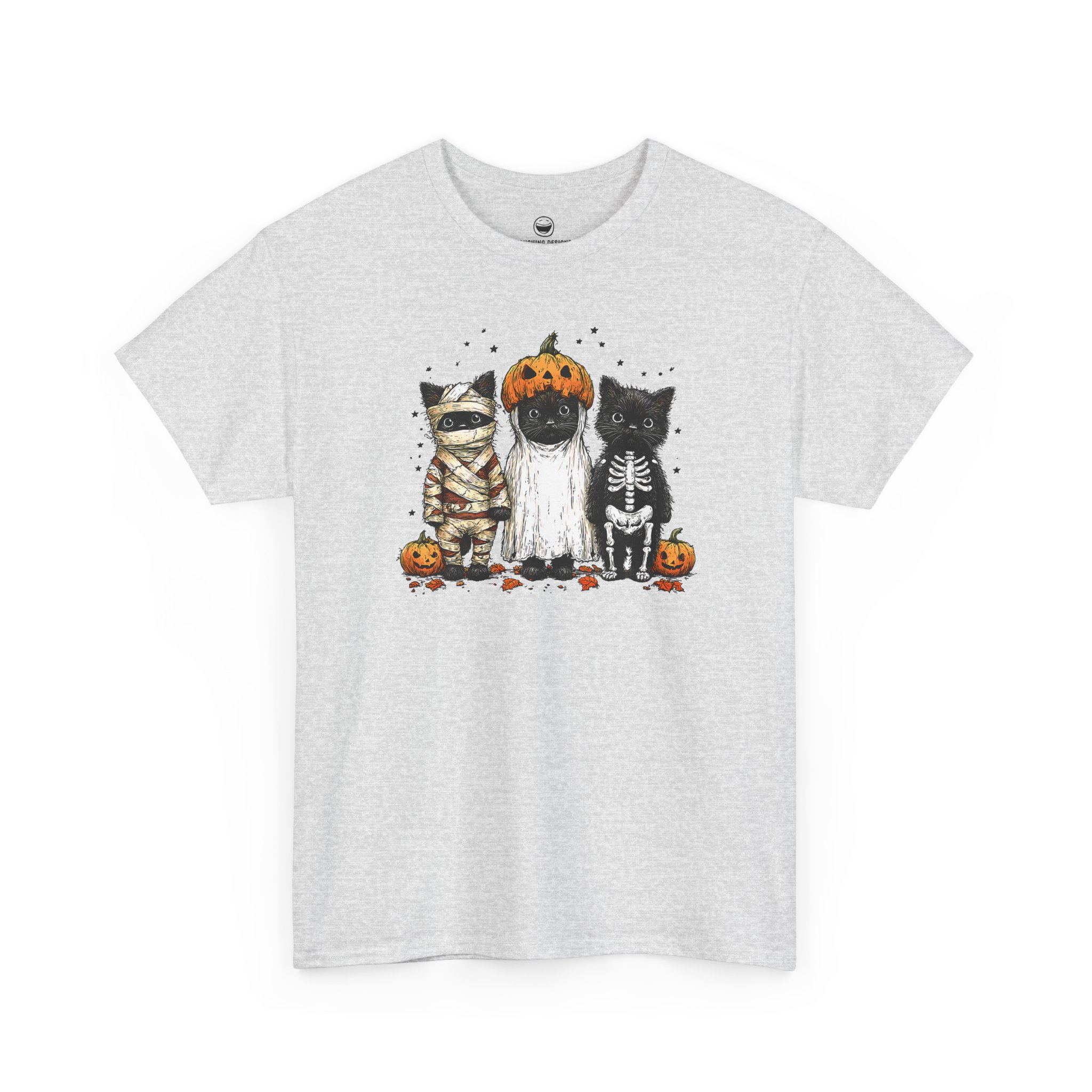Funny Halloween Cats T-Shirt with black cats in mummy ghost and skeleton costumes on a Ash Gray color cotton shirt.