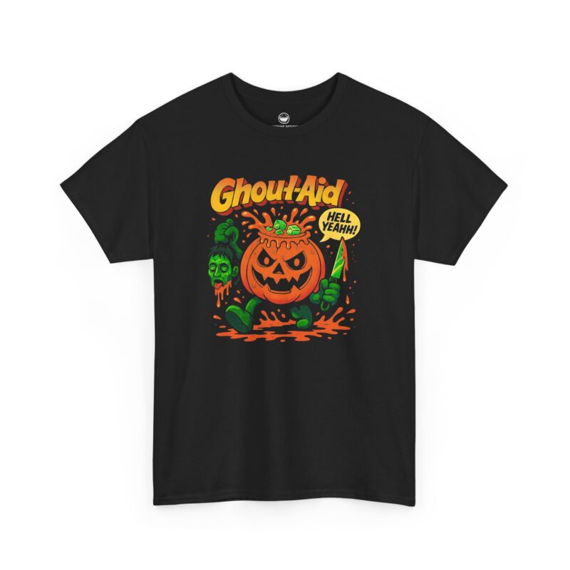 Ghoul-Aid Halloween T-Shirt with retro pumpkin mascot and quote Ghoul-Aid Hell Yeahh on a Black cotton shirt.