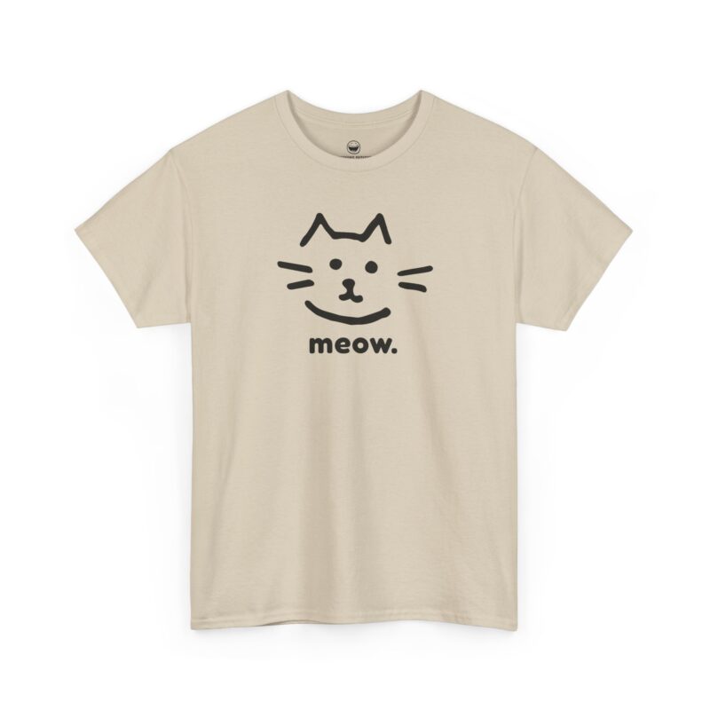Cat Face T-Shirt with minimalist line art cat head doodle and quote meow on a Sand color cotton shirt.