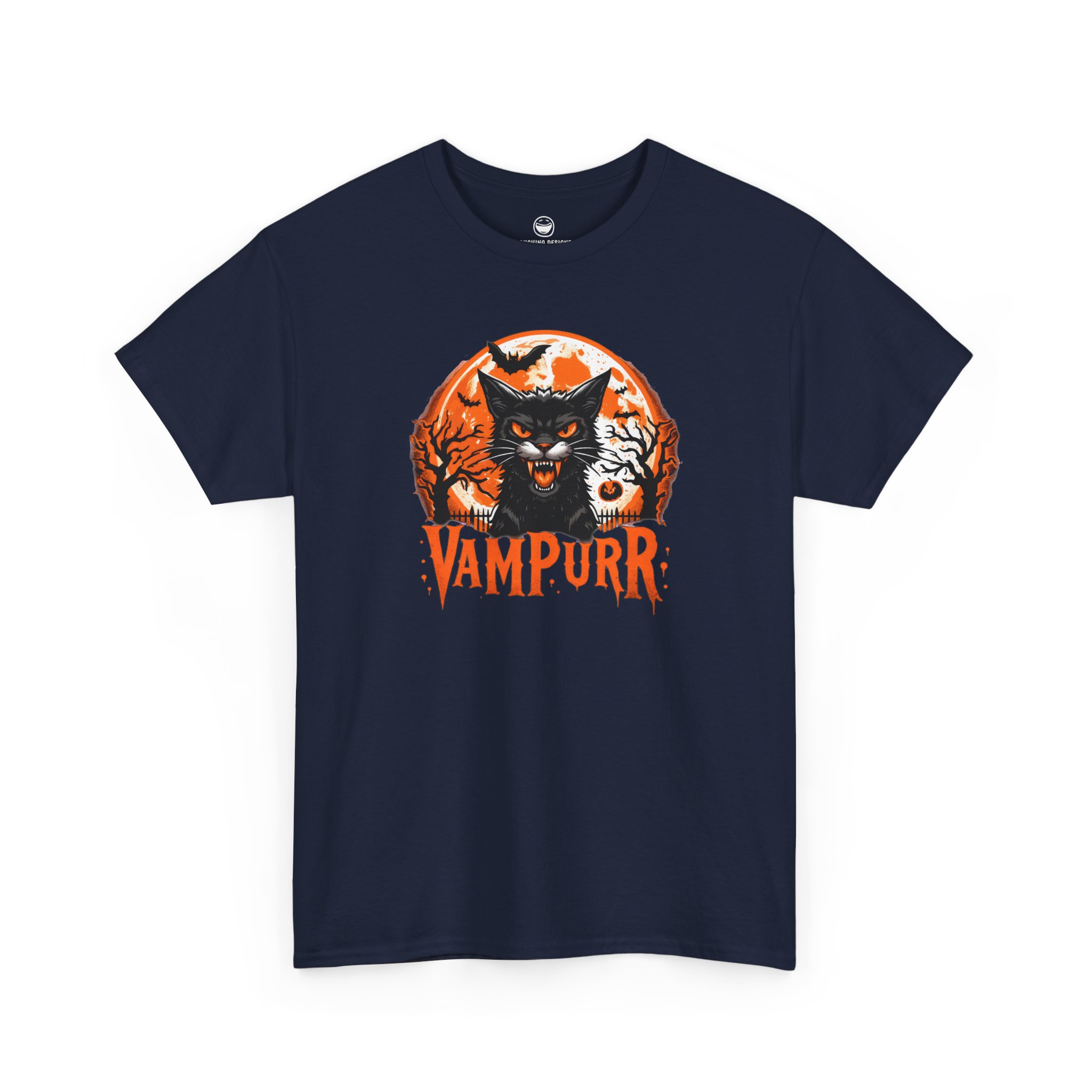 Vampurr T-Shirt with hissing vampire black cat and quote Vampurr on a Navy Blue cotton shirt.