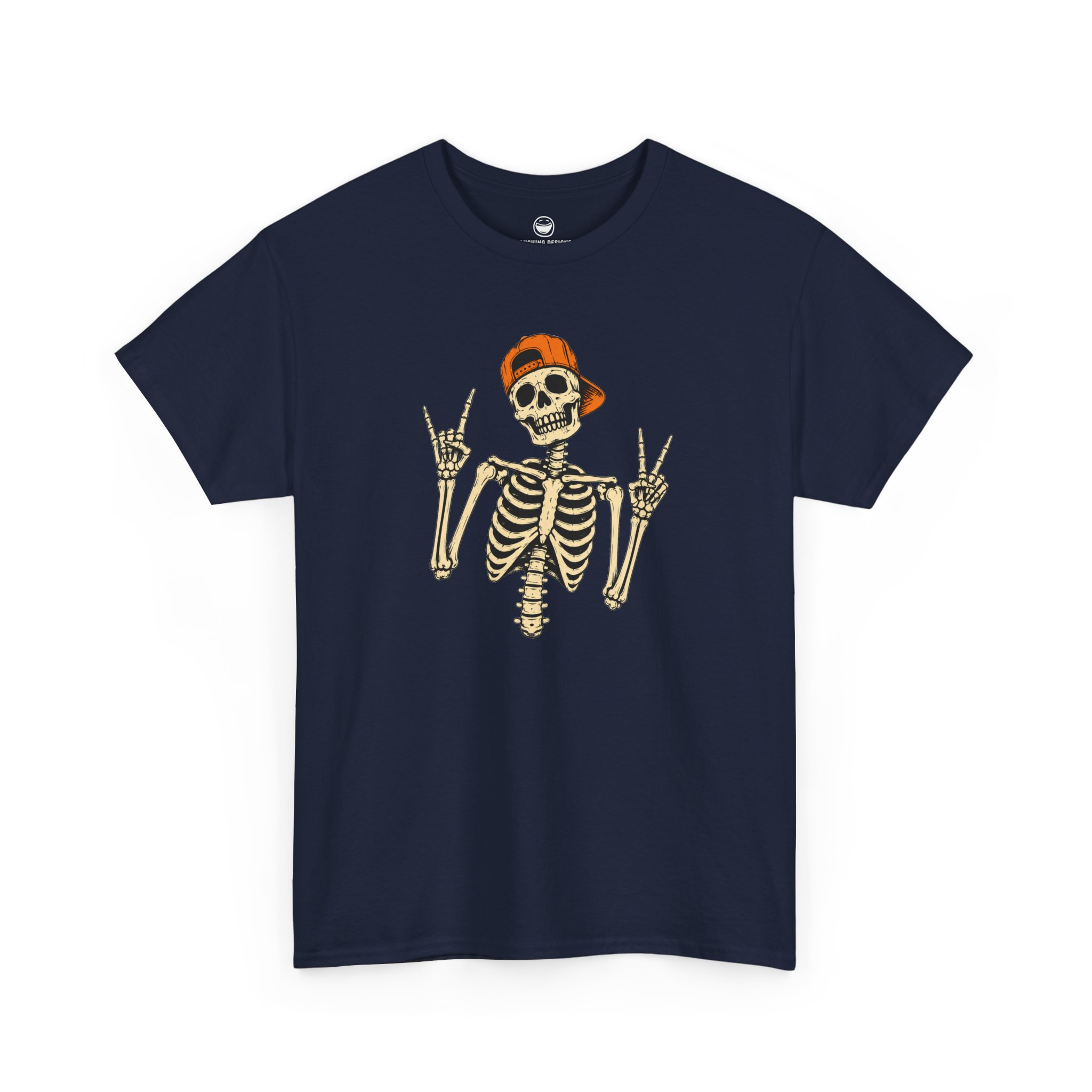 Skeleton Rocker T-Shirt with backwards hat skeleton flashing rock horns and peace sign on a Navy Blue cotton shirt.