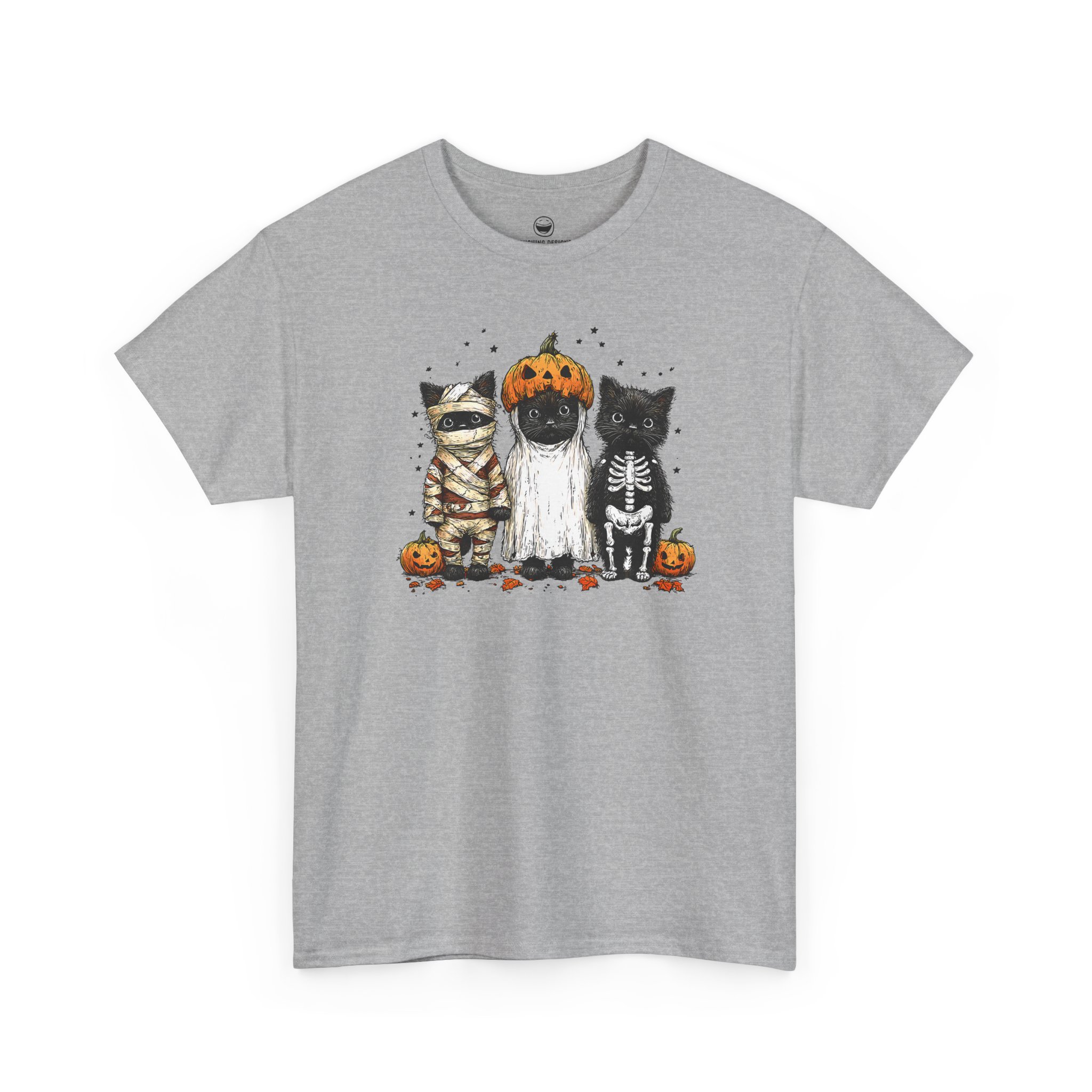 Funny Halloween Cats T-Shirt with black cats in mummy ghost and skeleton costumes on a Sport Gray cotton shirt.