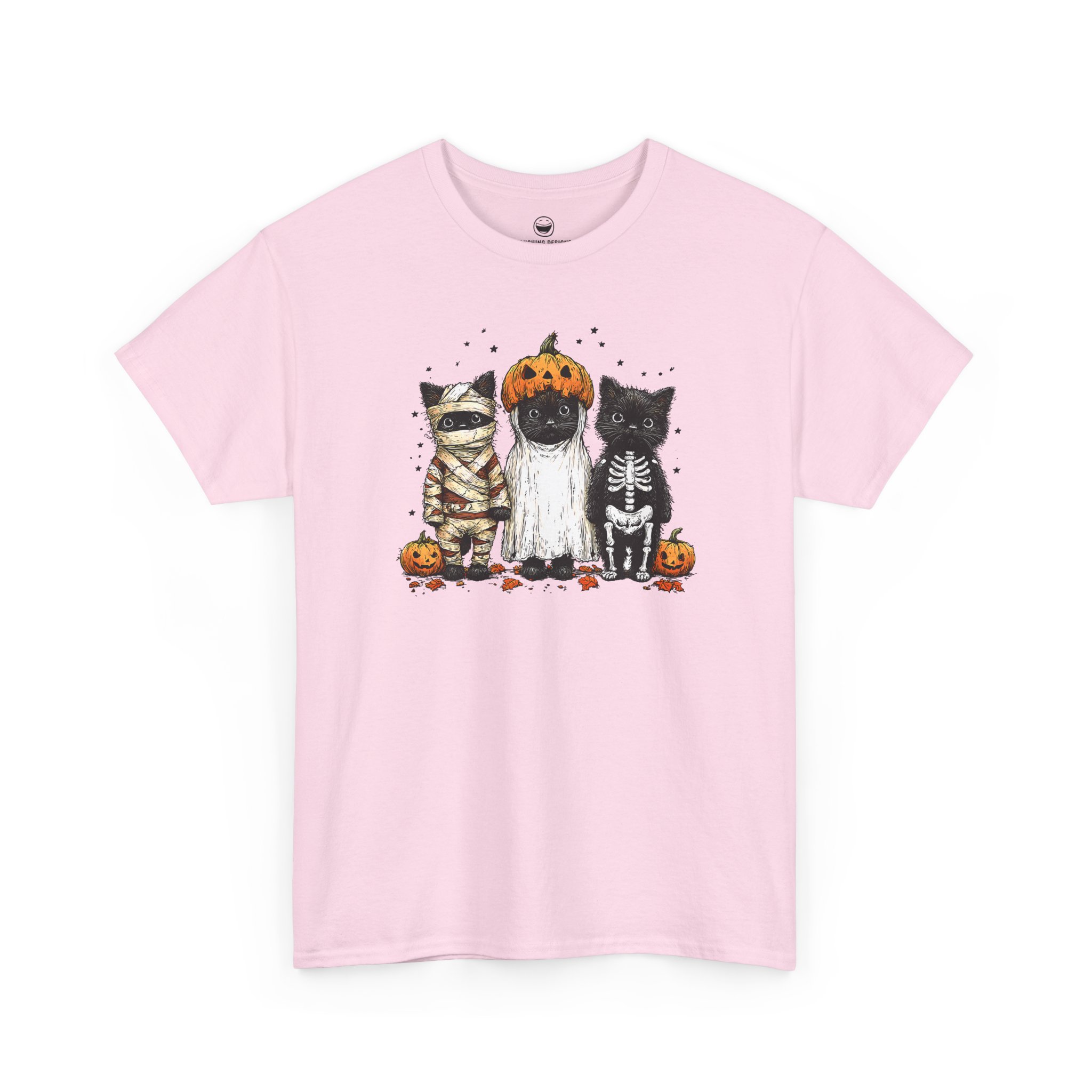 Funny Halloween Cats T-Shirt with black cats in mummy ghost and skeleton costumes on a Light Pink cotton shirt.