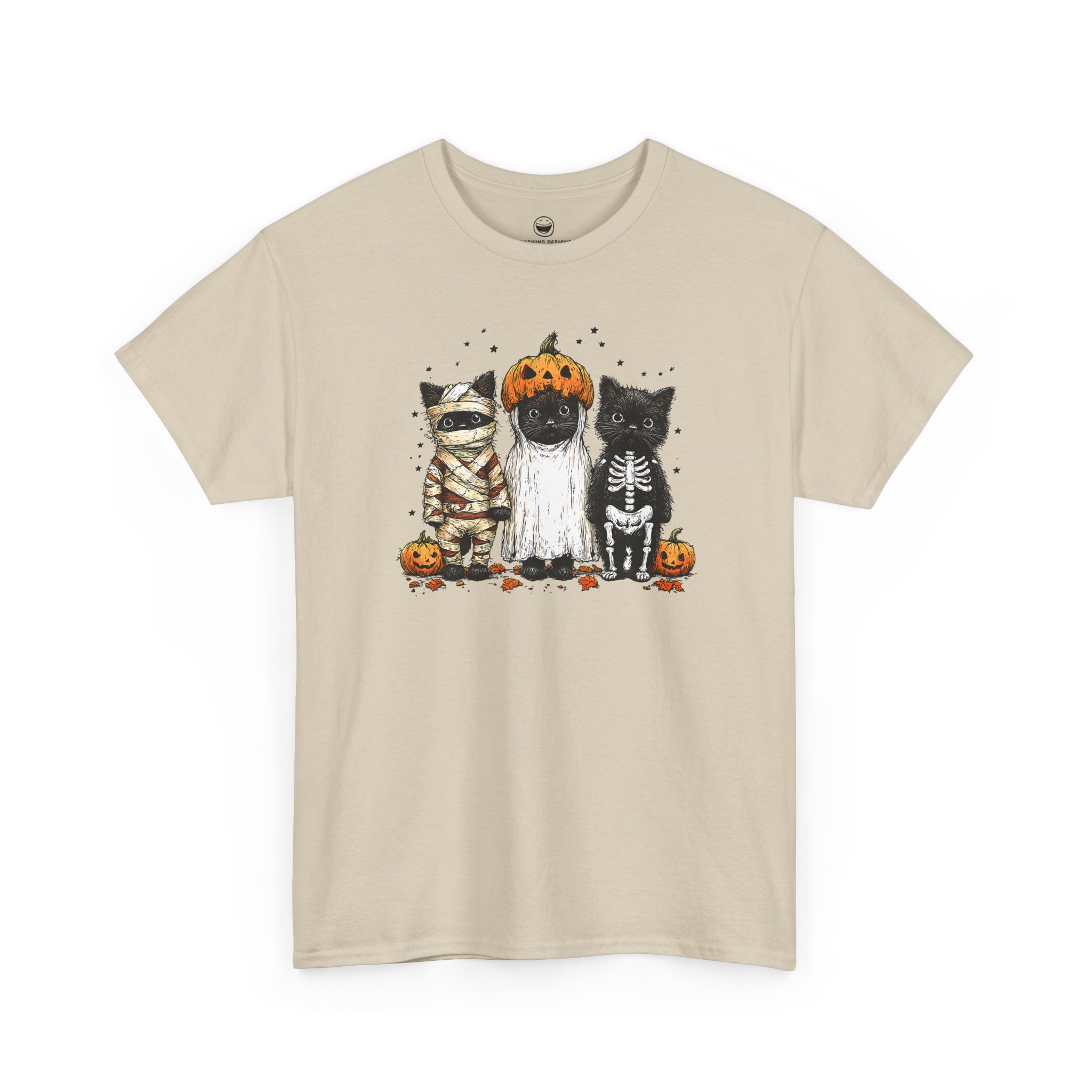 Funny Halloween Cats T-Shirt with black cats in mummy ghost and skeleton costumes on a Sand color cotton shirt.
