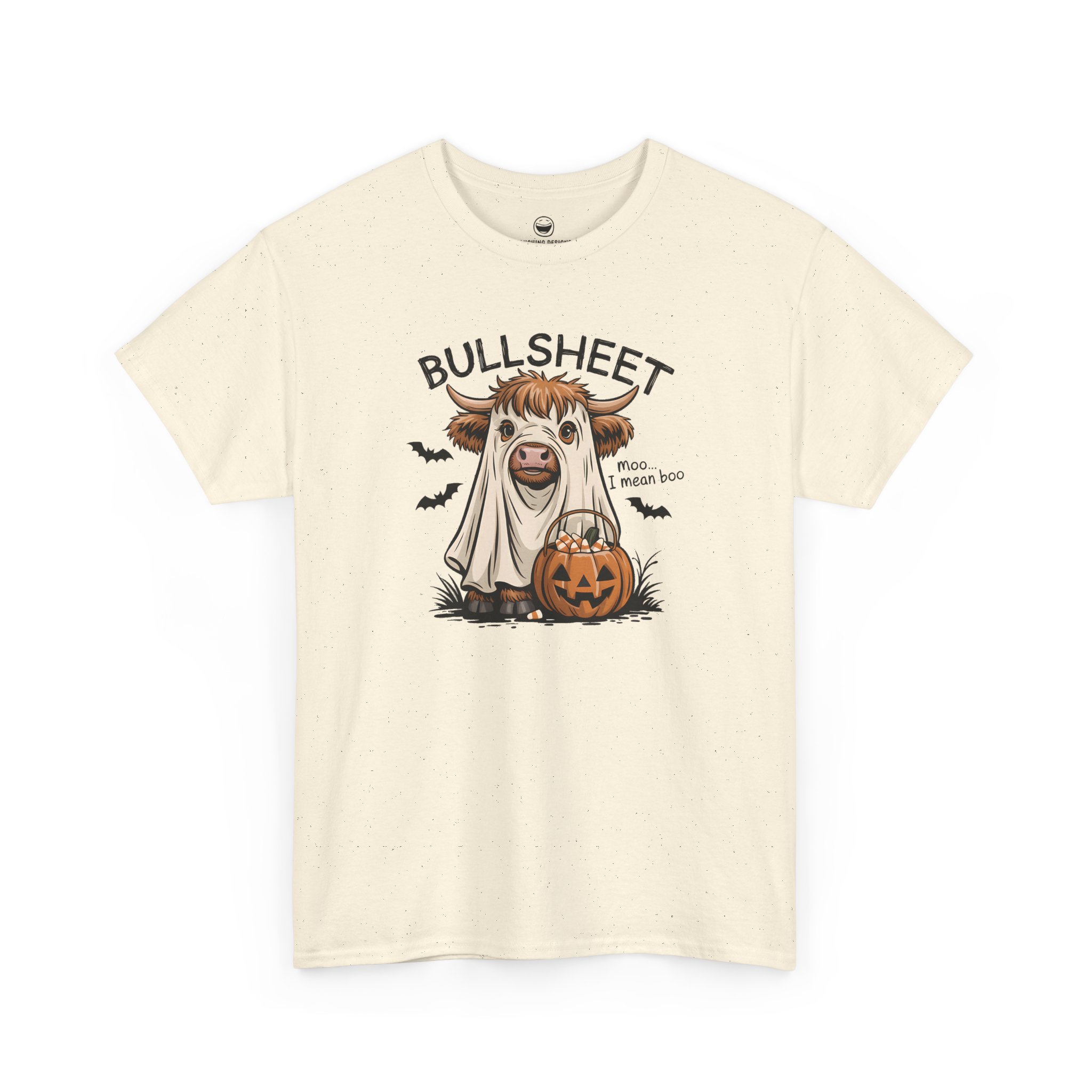 Bullsheet Halloween T-Shirt with ghost sheet Highland cow and quote Bullsheet moo I mean boo on a Natural Cream color cotton shirt.