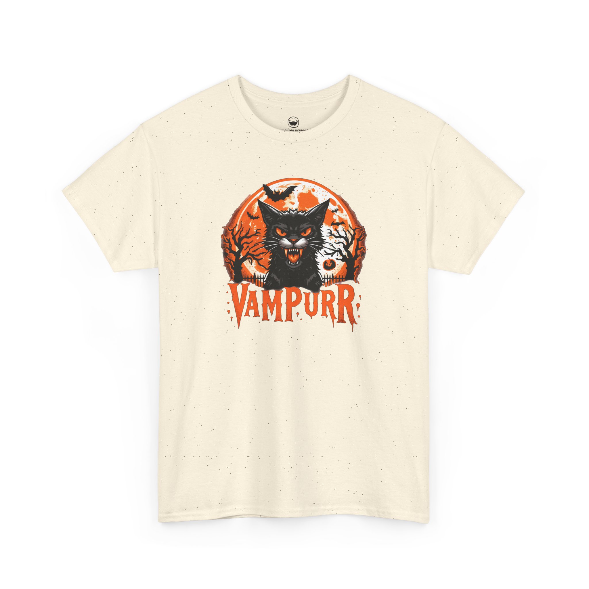 Vampurr T-Shirt with hissing vampire black cat and quote Vampurr on a Natural Cream color cotton shirt.