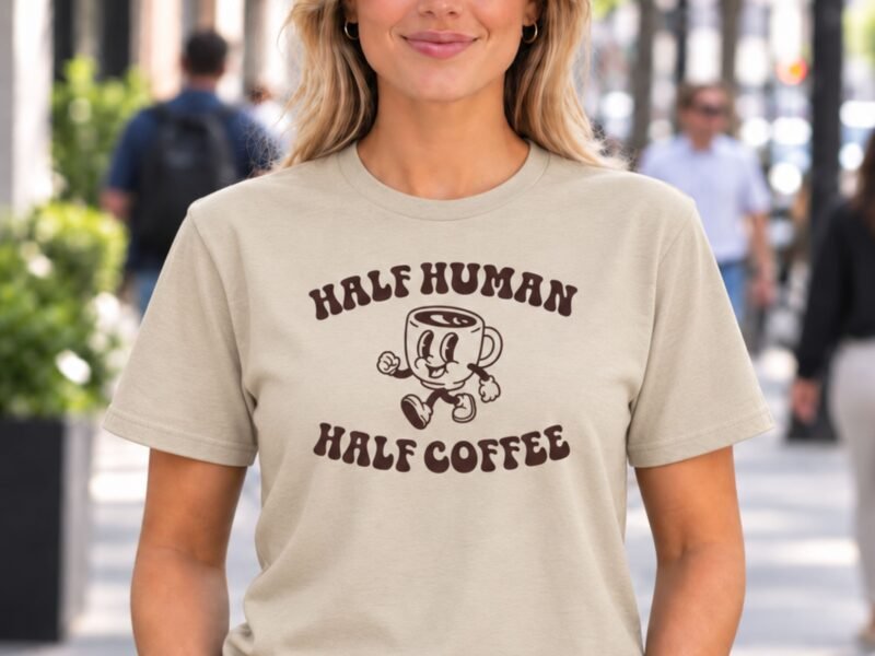 Funny Half Human Half Coffee T-Shirt, Retro Caffeine Tee