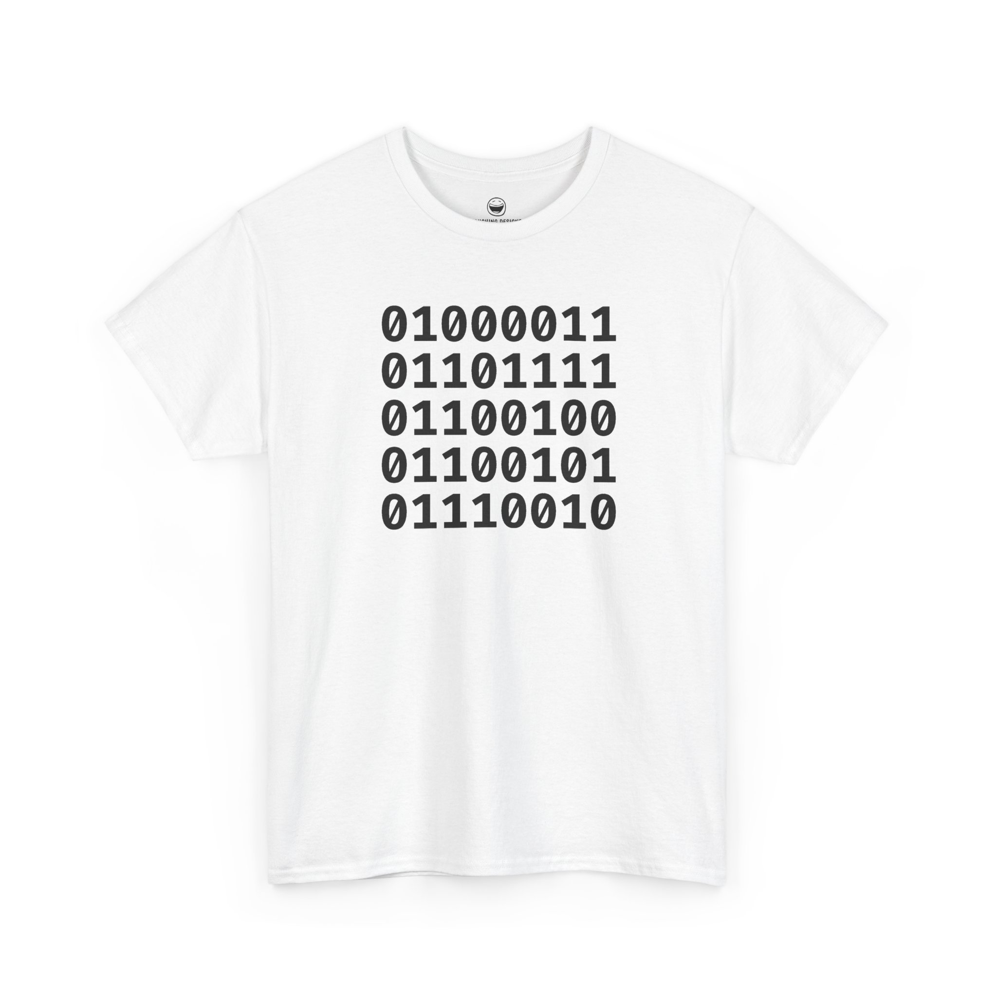Binary Code Coder T-Shirt with five stacked 8-bit binary lines spelling Coder on a White cotton shirt.