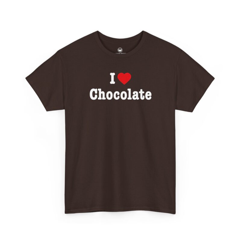 I Love Chocolate T-Shirt with bold white lettering, bright red heart, and word Chocolate on a Dark Chocolate Brown cotton shirt.