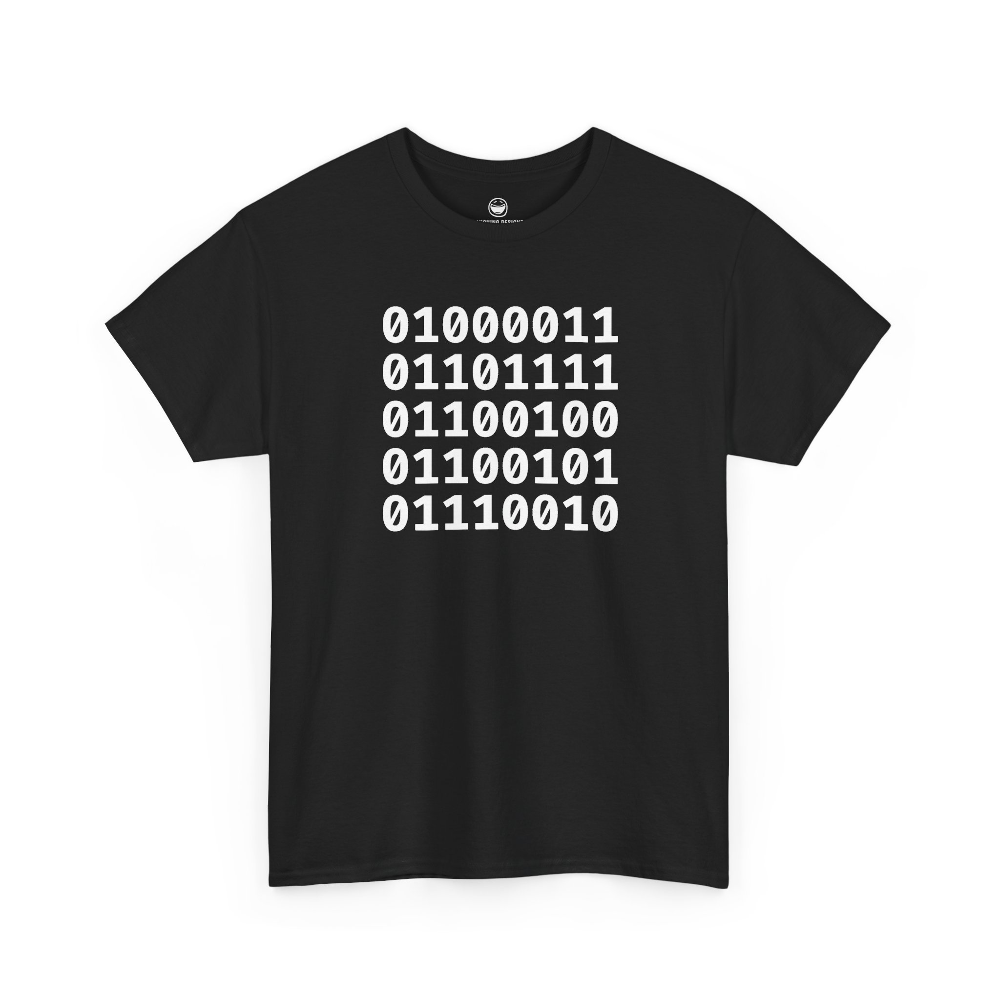 Binary Code Coder T-Shirt with five stacked 8-bit binary lines spelling Coder on a Black cotton shirt.
