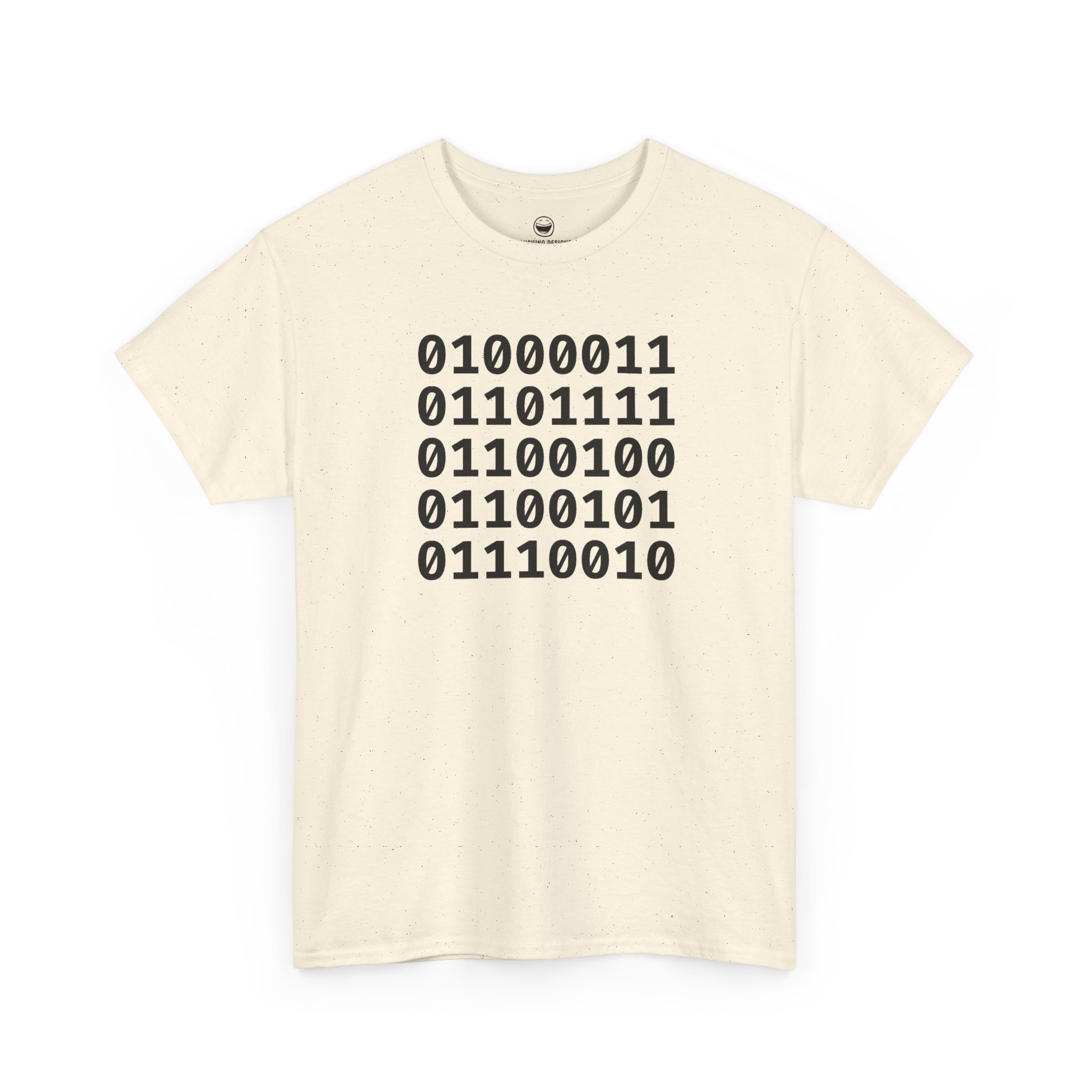 Binary Code Coder T-Shirt with five stacked 8-bit binary lines spelling Coder on a Natural Cream color cotton shirt.