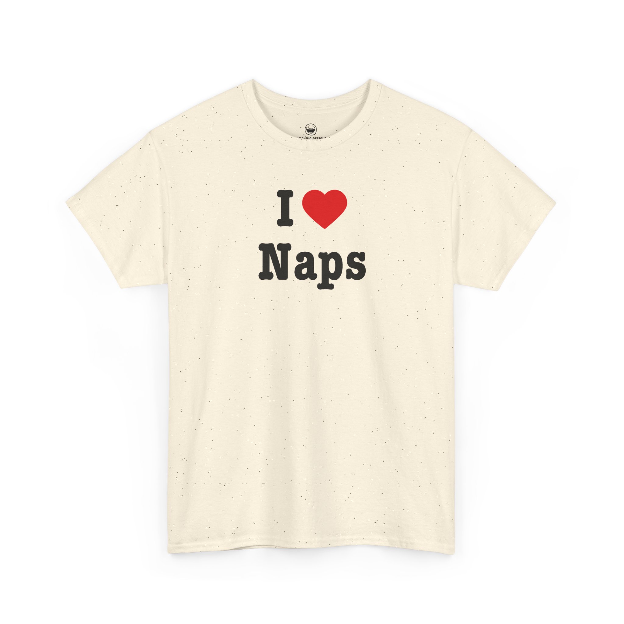 I Love Naps T-Shirt with bold black lettering, bright red heart, and word Naps on a Natural Cream color cotton shirt.