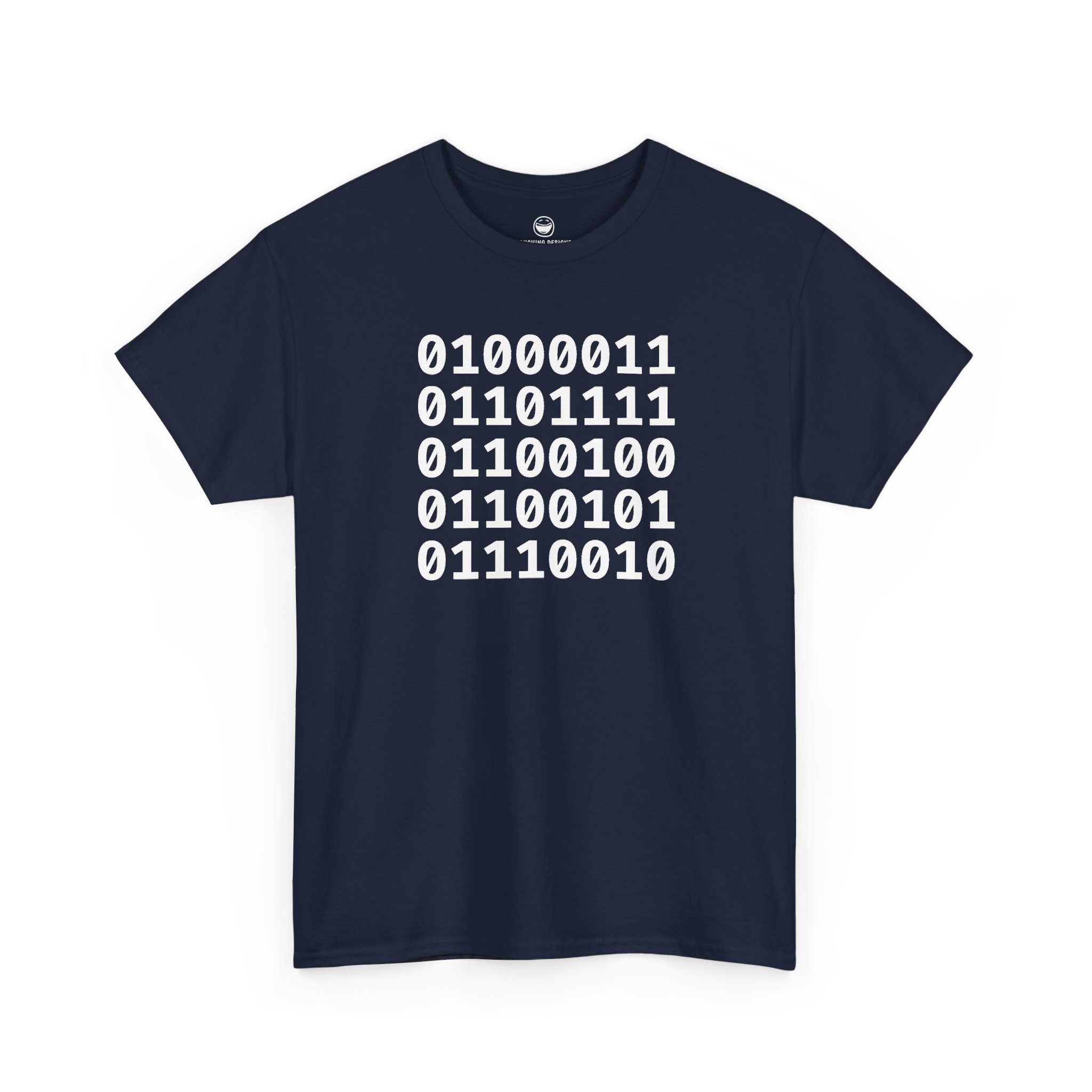 Binary Code Coder T-Shirt with five stacked 8-bit binary lines spelling Coder on a Navy Blue cotton shirt.
