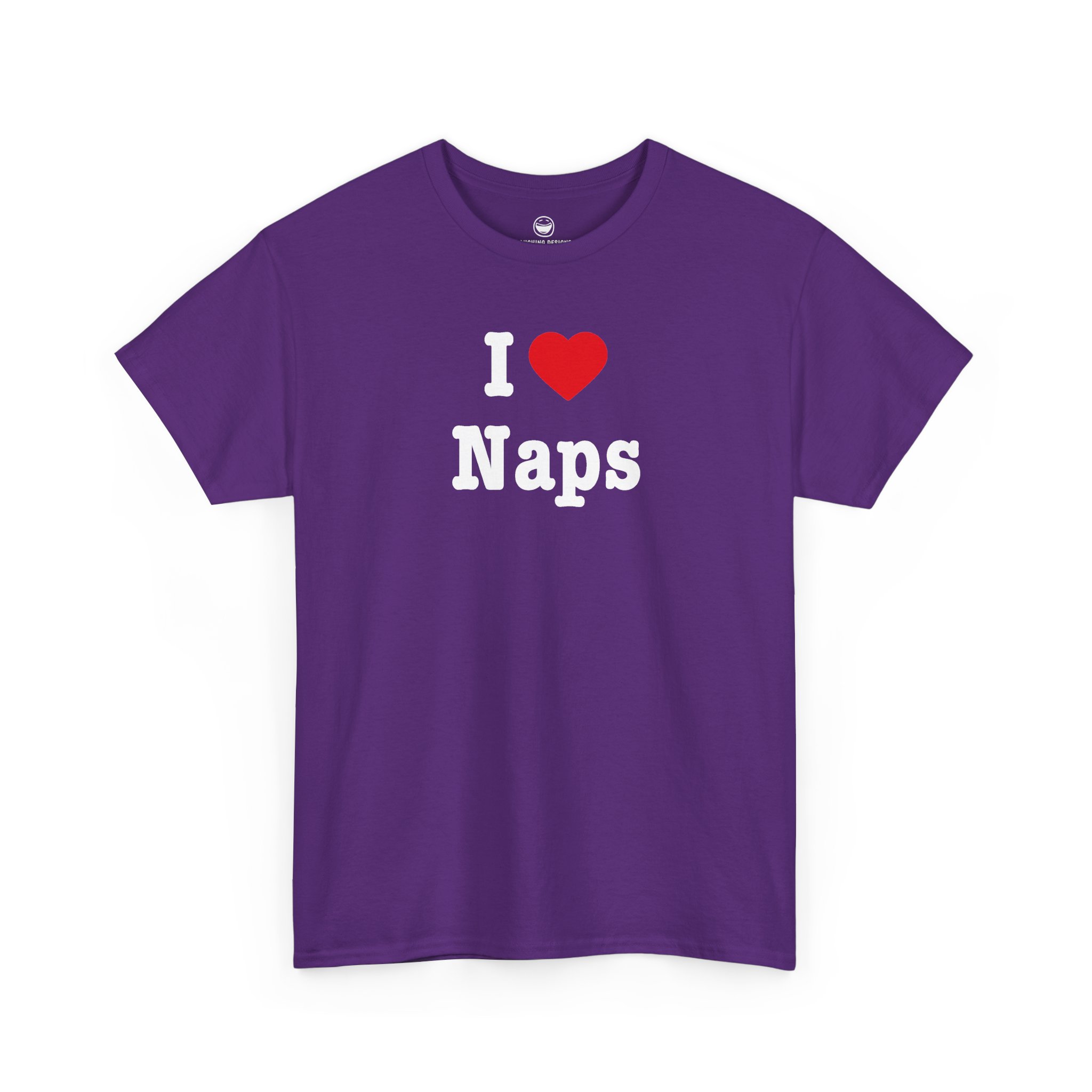 I Love Naps T-Shirt with bold white lettering, bright red heart, and word Naps on a Purple cotton shirt.