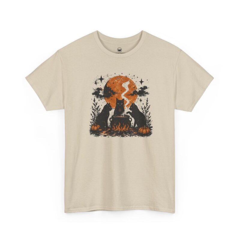 Halloween Cat Coven T-Shirt with three black cats brewing cauldron under full moon on a Sand Color cotton shirt.