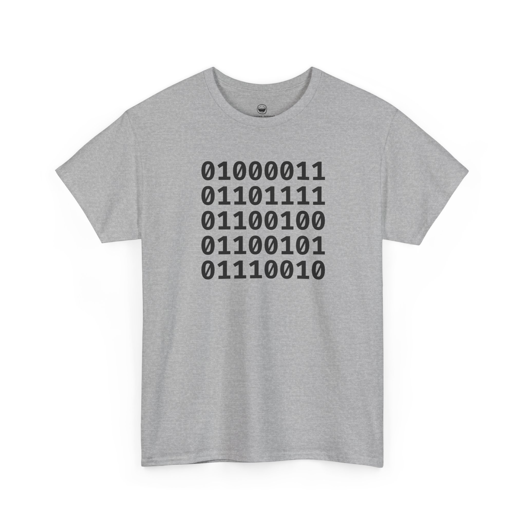 Binary Code Coder T-Shirt with five stacked 8-bit binary lines spelling Coder on a Sport Gray cotton shirt.