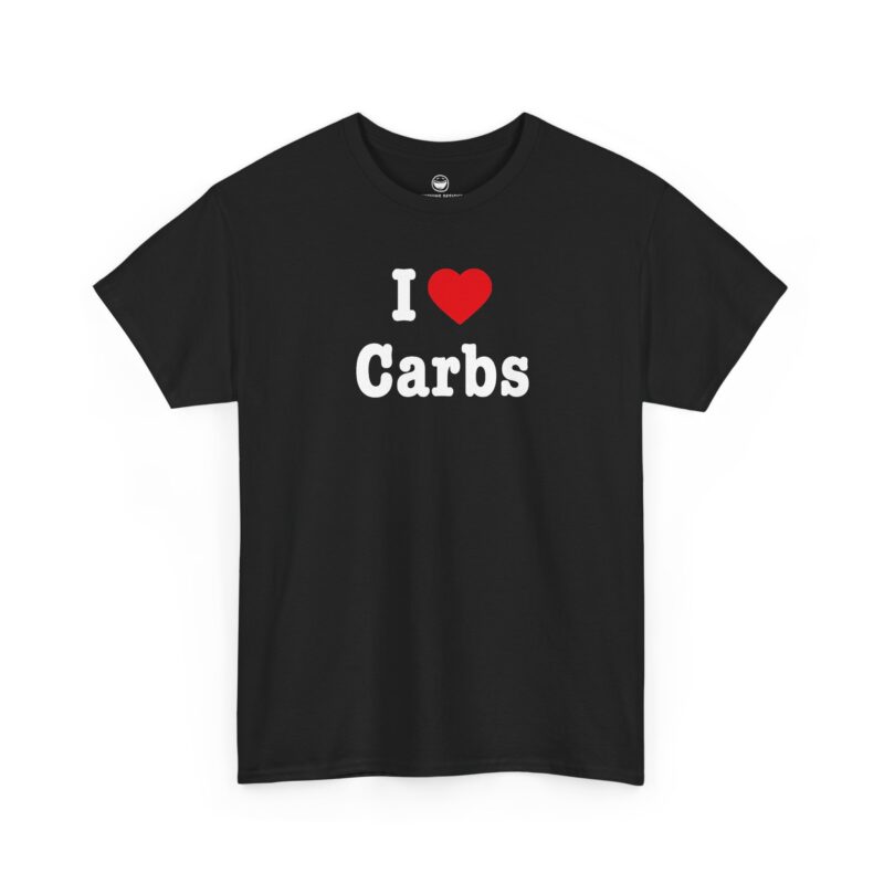 I Love Carbs T-Shirt with bold white lettering, bright red heart, and word Carbs on a Black cotton shirt.