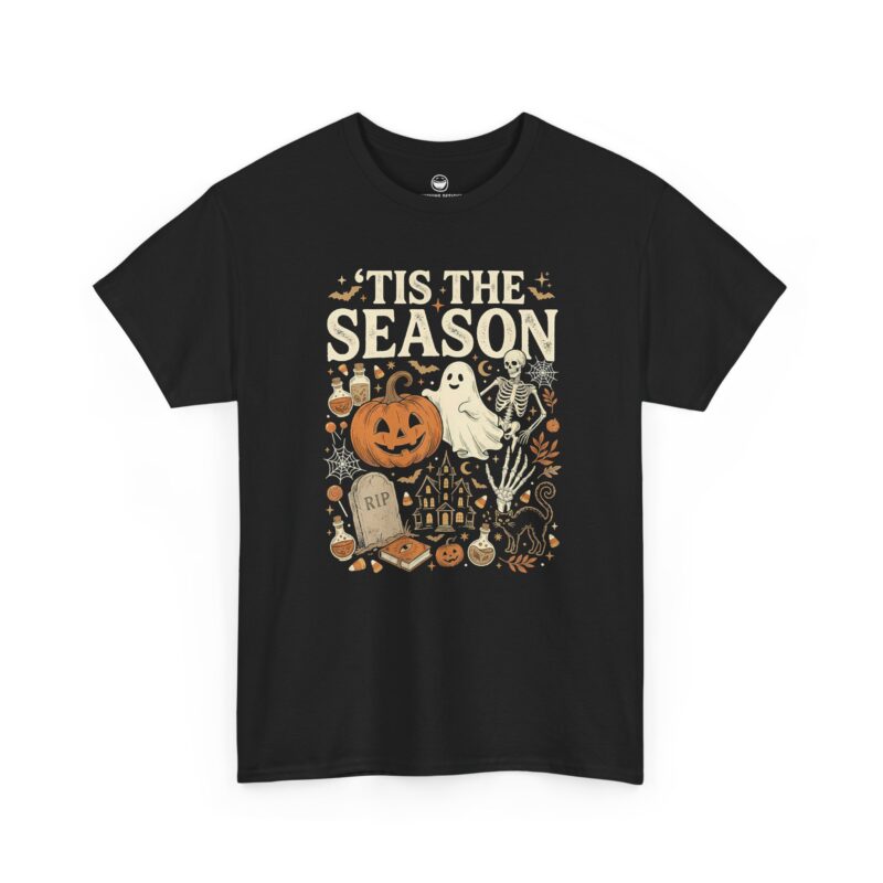 Tis The Season Halloween T-Shirt with ghost, jack-o'-lantern, skeleton, and quote Tis The Season on a Black cotton shirt.