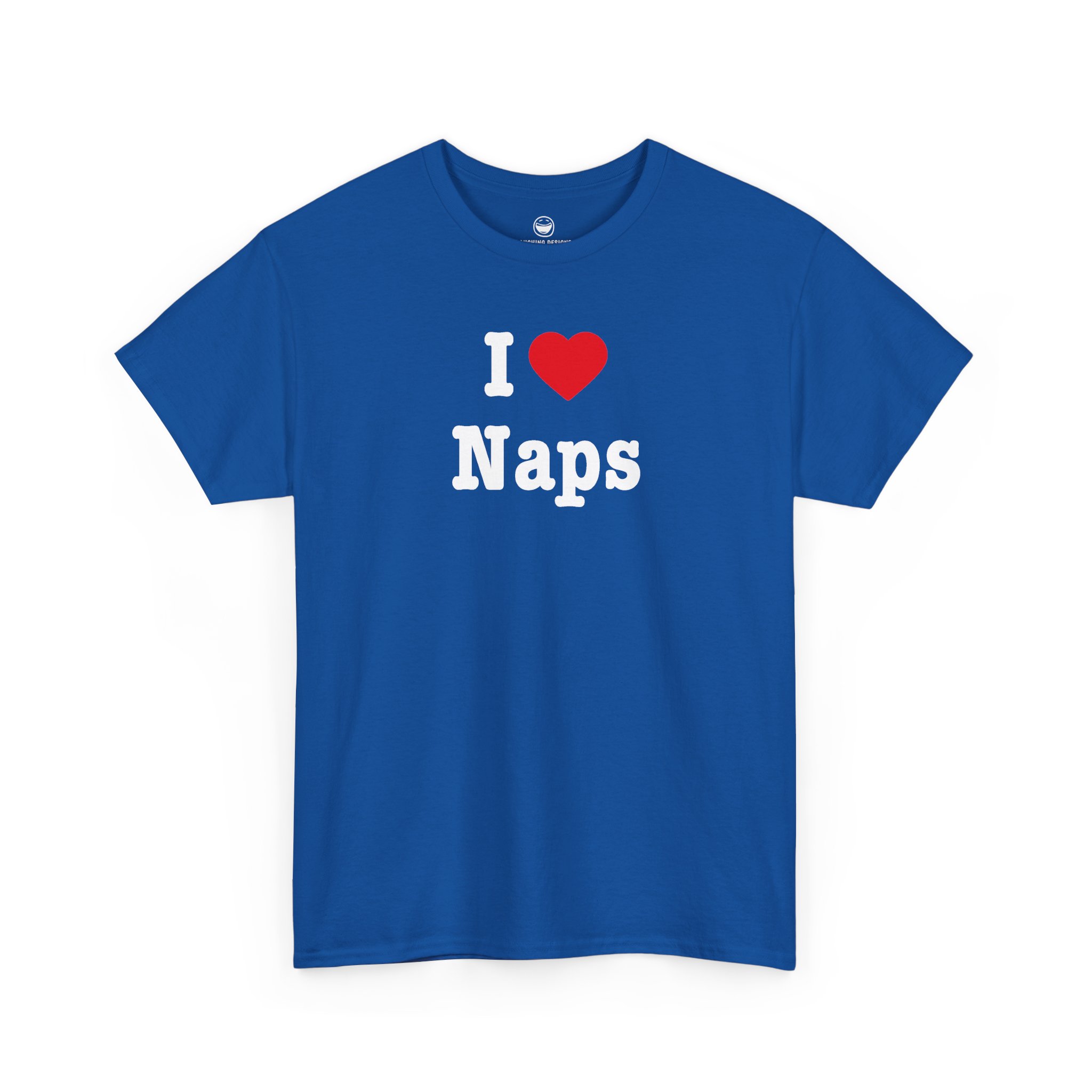 I Love Naps T-Shirt with bold white lettering, bright red heart, and word Naps on a Royal Blue cotton shirt.
