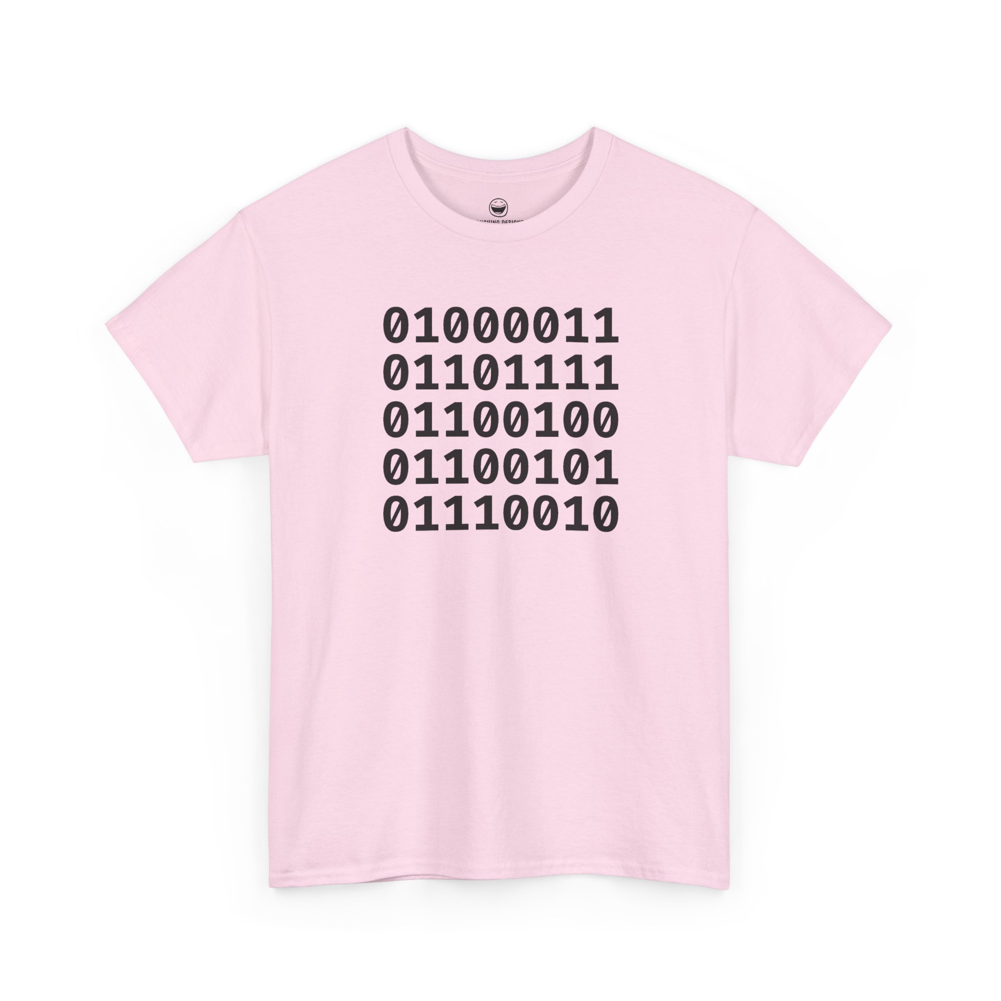 Binary Code Coder T-Shirt with five stacked 8-bit binary lines spelling Coder on a Light PInk cotton shirt.