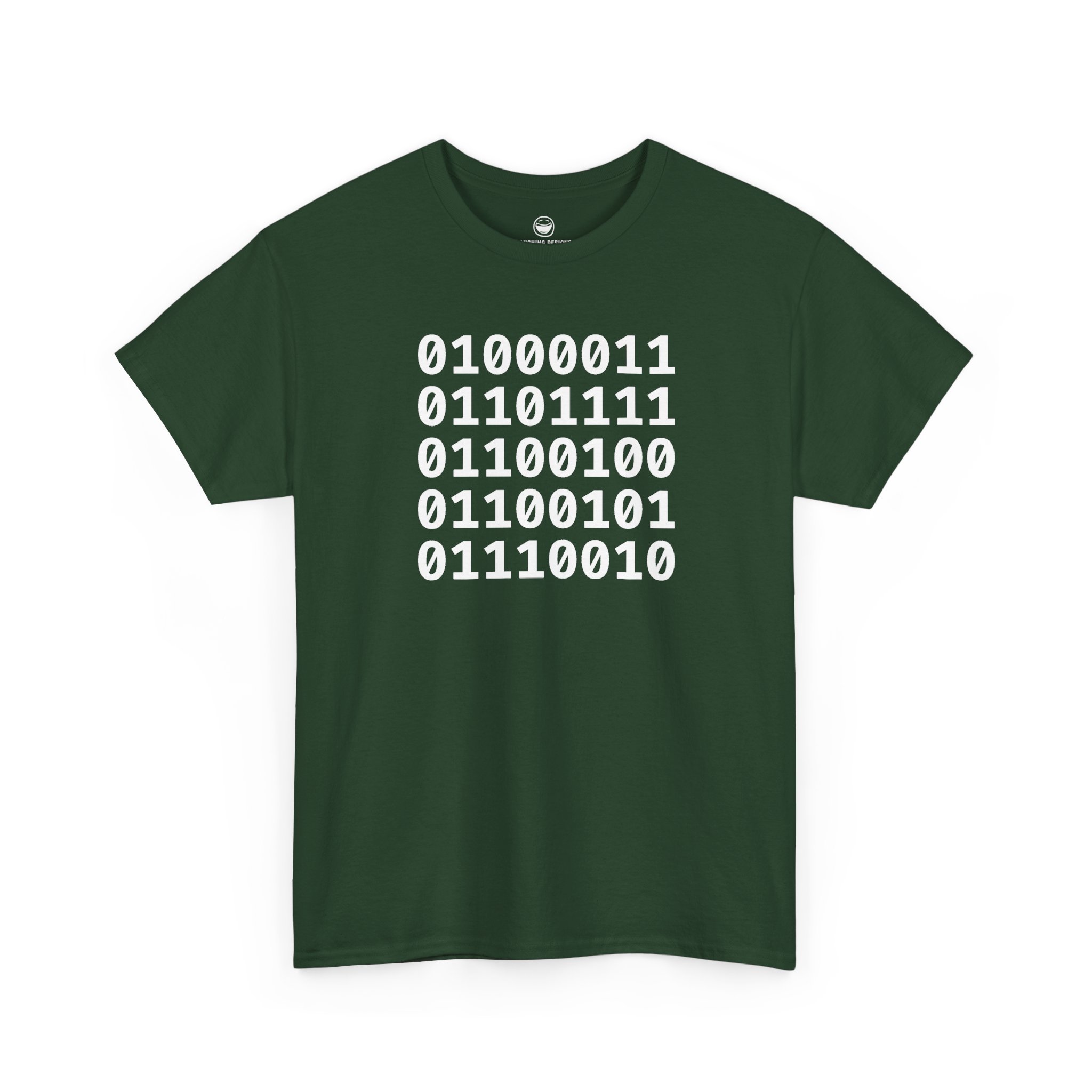 Binary Code Coder T-Shirt with five stacked 8-bit binary lines spelling Coder on a Forest Green cotton shirt.