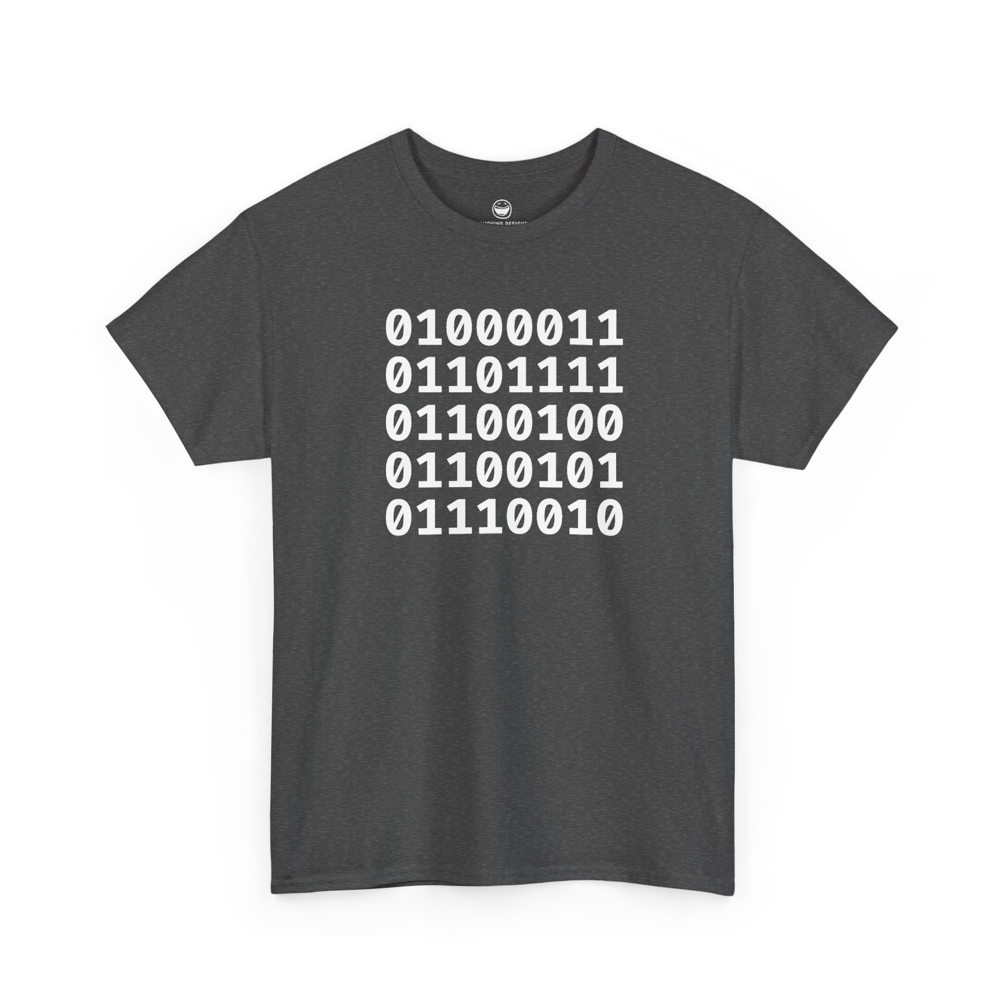 Binary Code Coder T-Shirt with five stacked 8-bit binary lines spelling Coder on a Dark Heather cotton shirt.