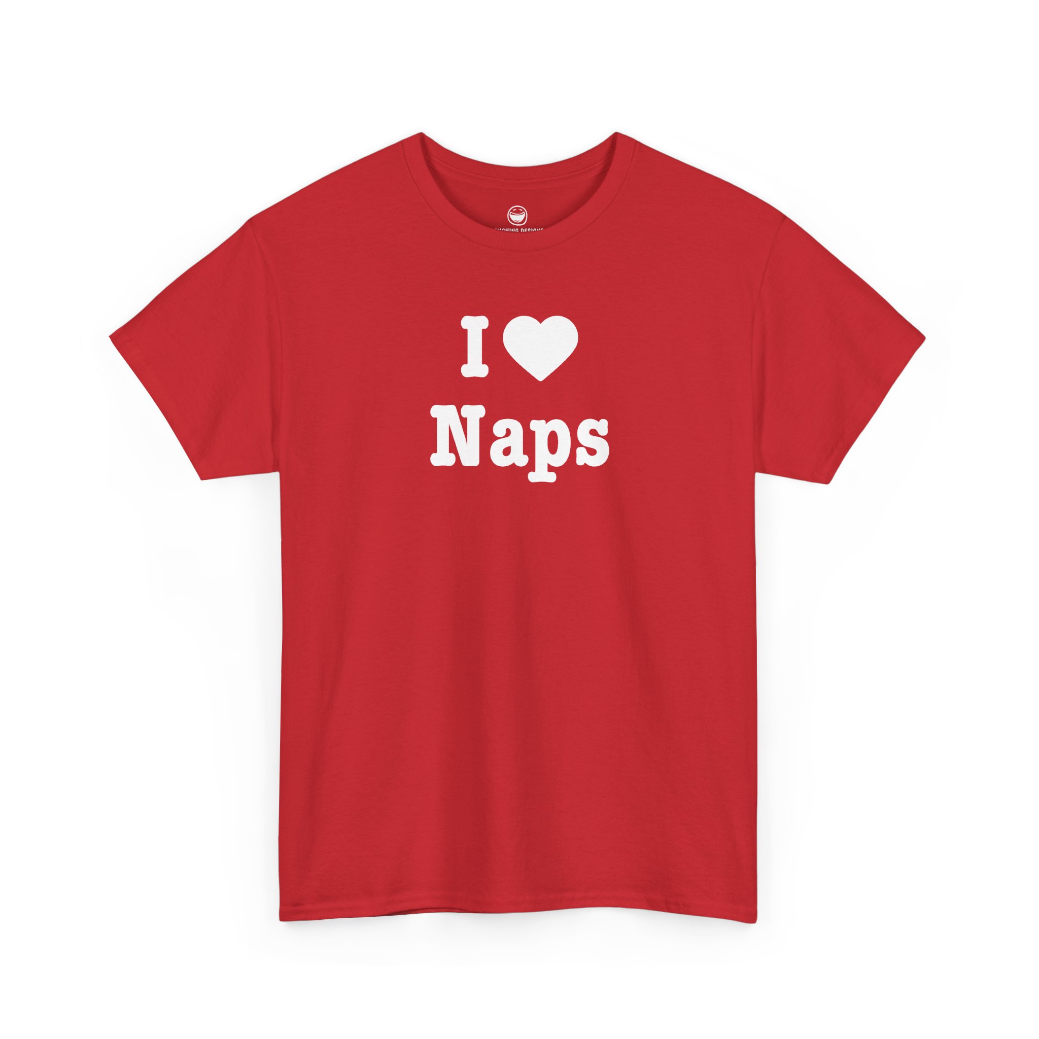 I Love Naps T-Shirt with bold white lettering, bright white heart, and word Naps on a Black cotton shirt.