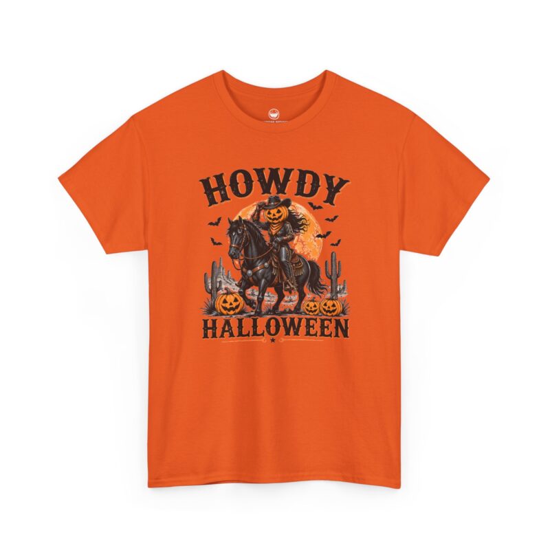 Howdy Halloween T-Shirt with pumpkin head rider on black horse, harvest moon, and cacti on a Orange cotton shirt.