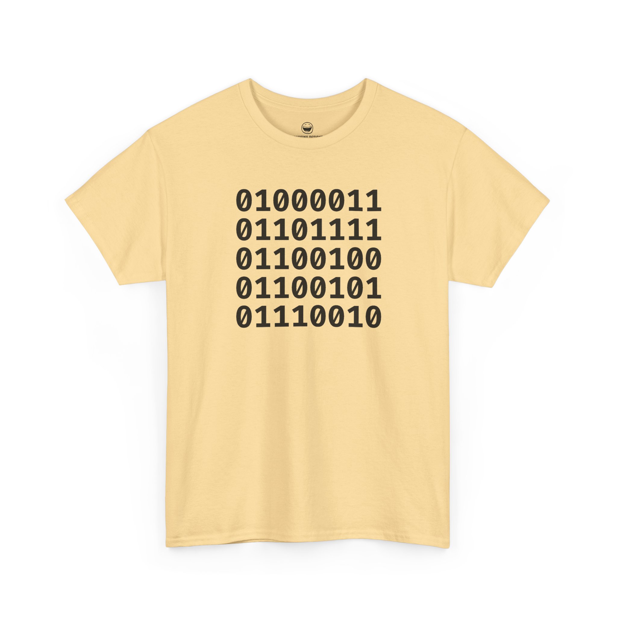 Binary Code Coder T-Shirt with five stacked 8-bit binary lines spelling Coder on a Yellow Haze color cotton shirt.