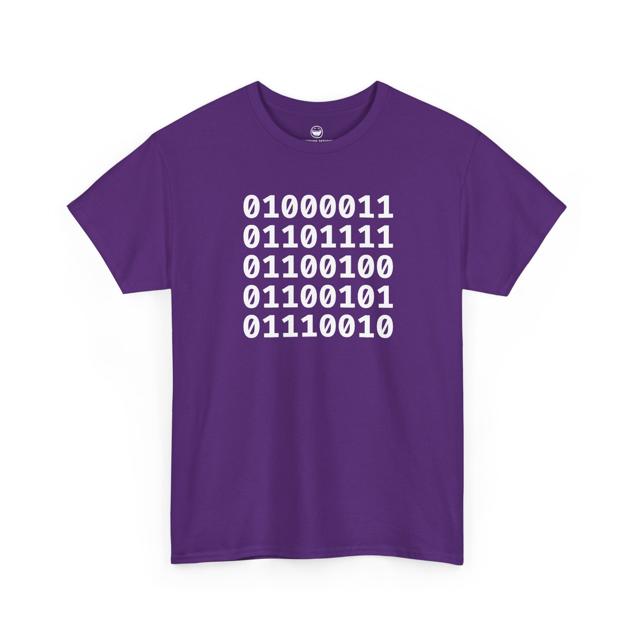 Binary Code Coder T-Shirt with five stacked 8-bit binary lines spelling Coder on a Purple cotton shirt.