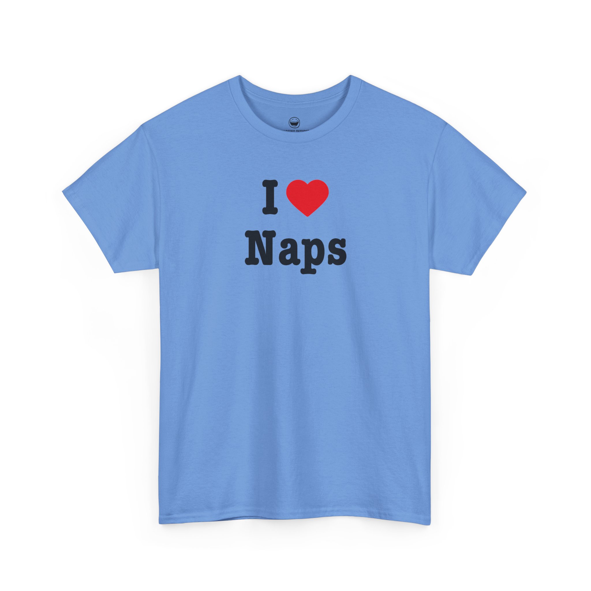 I Love Naps T-Shirt with bold Black lettering, bright red heart, and word Naps on a Carolina Blue cotton shirt.